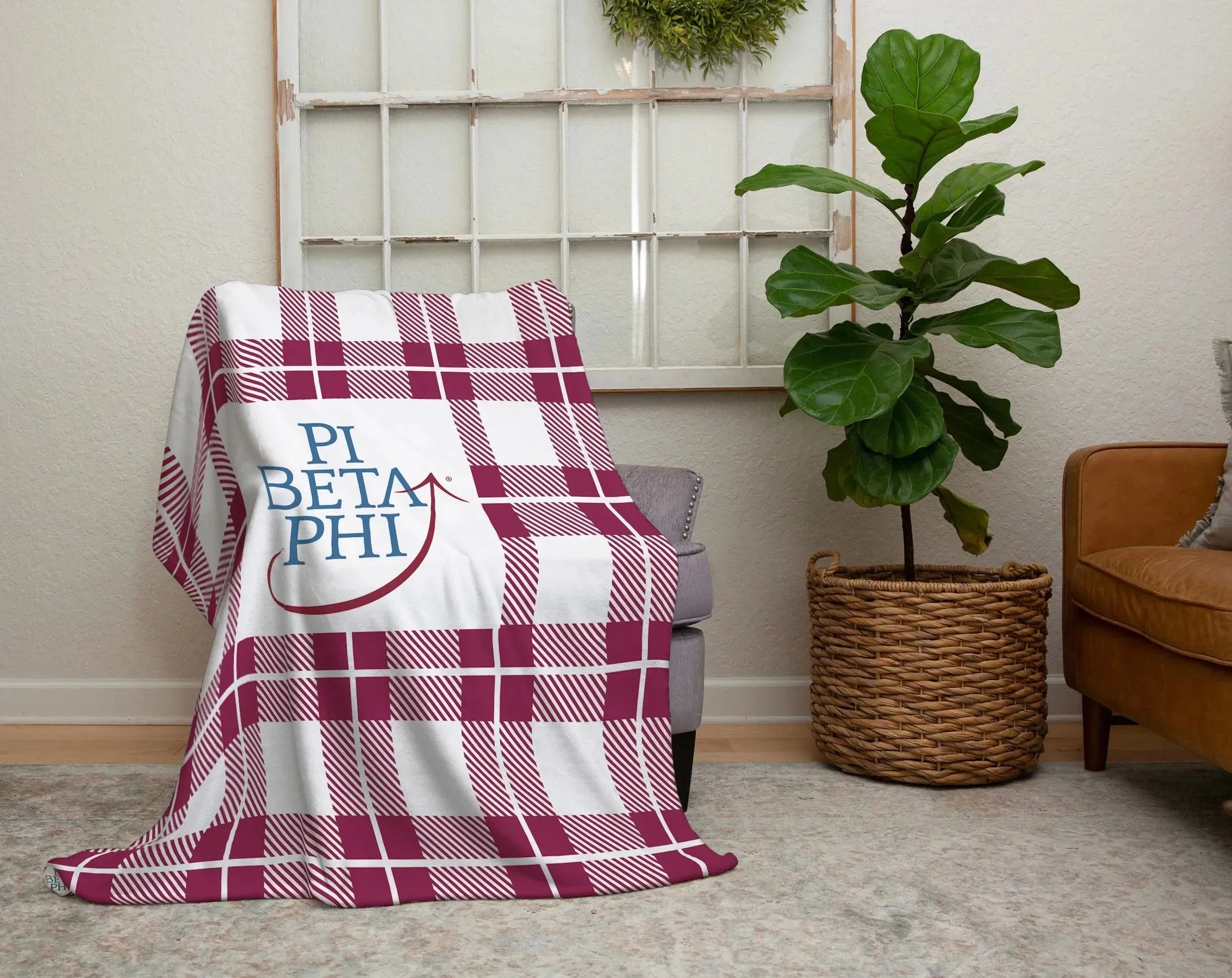 Pi Beta Phi XL 60x80 Sherpa Throw Blanket - Wine Plaid Throw Blankets