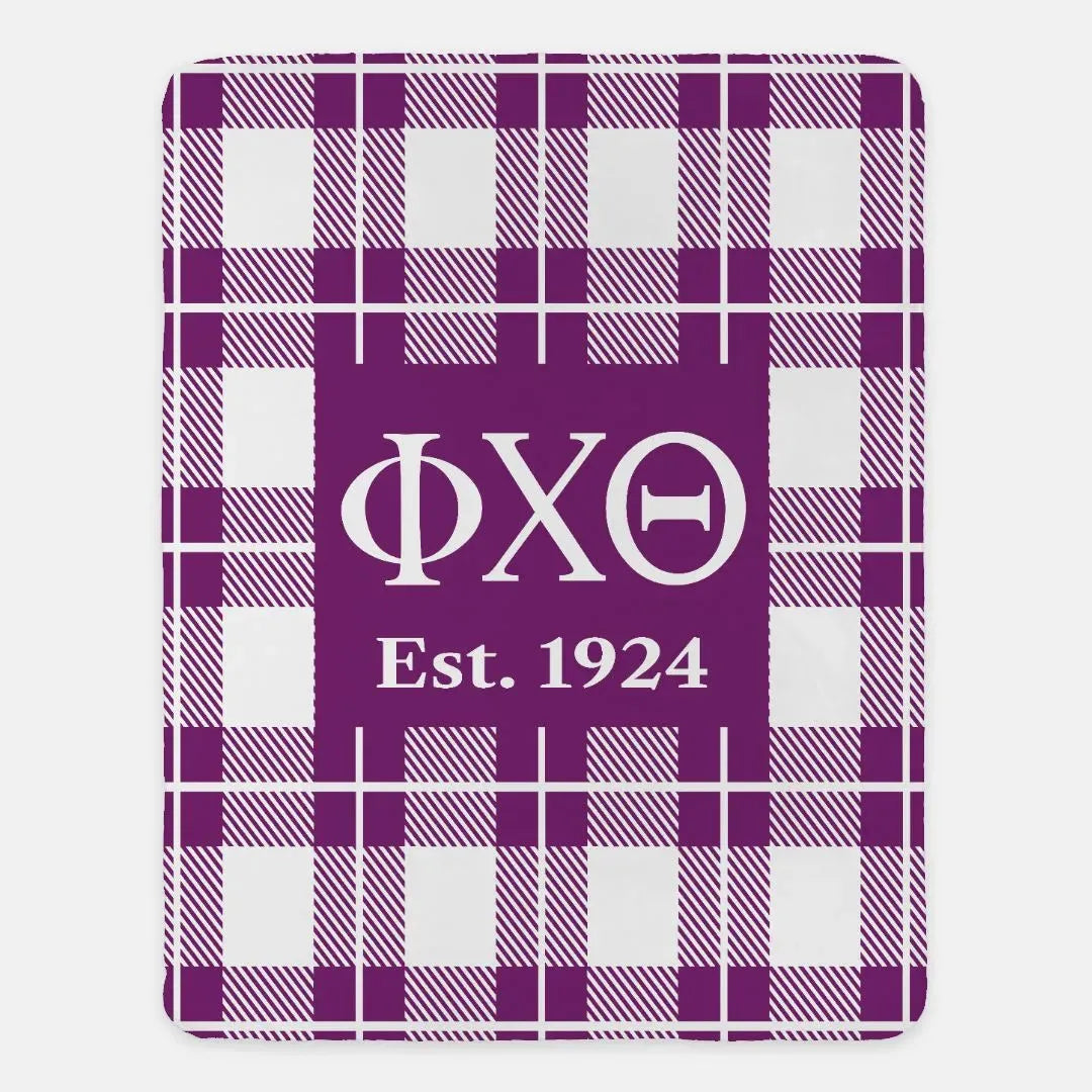 Phi Chi Theta XL 60x80 Sherpa Blanket - Purple Plaid Throw Blankets