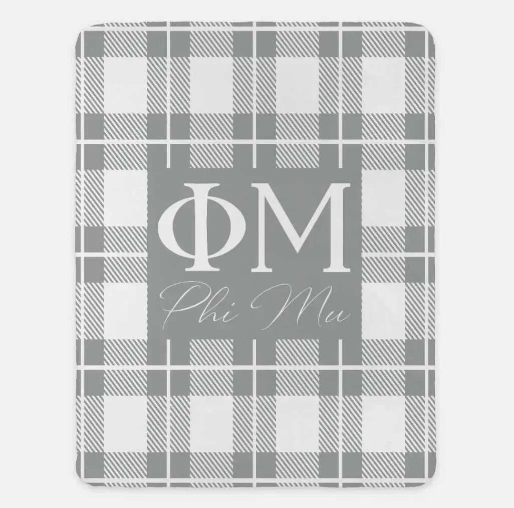 Phi Mu Plaid XL 60x80 Sherpa Throw Blanket Light Gray
