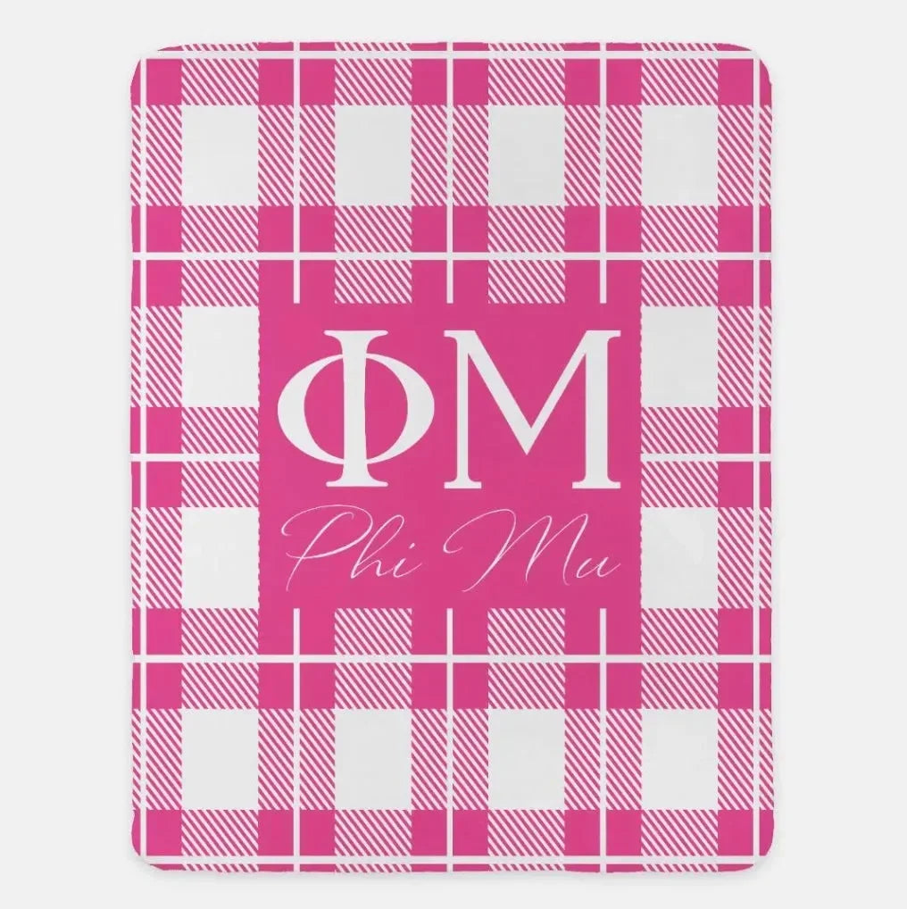 Phi Mu Plaid XL 60x80 Sherpa Throw Blanket Pink