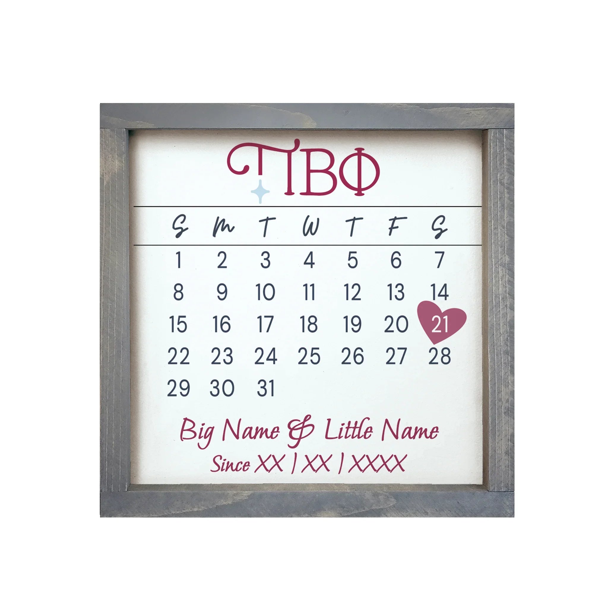 Pi Beta Phi Personalized Big Little Calendar Framed Sign - 12x12