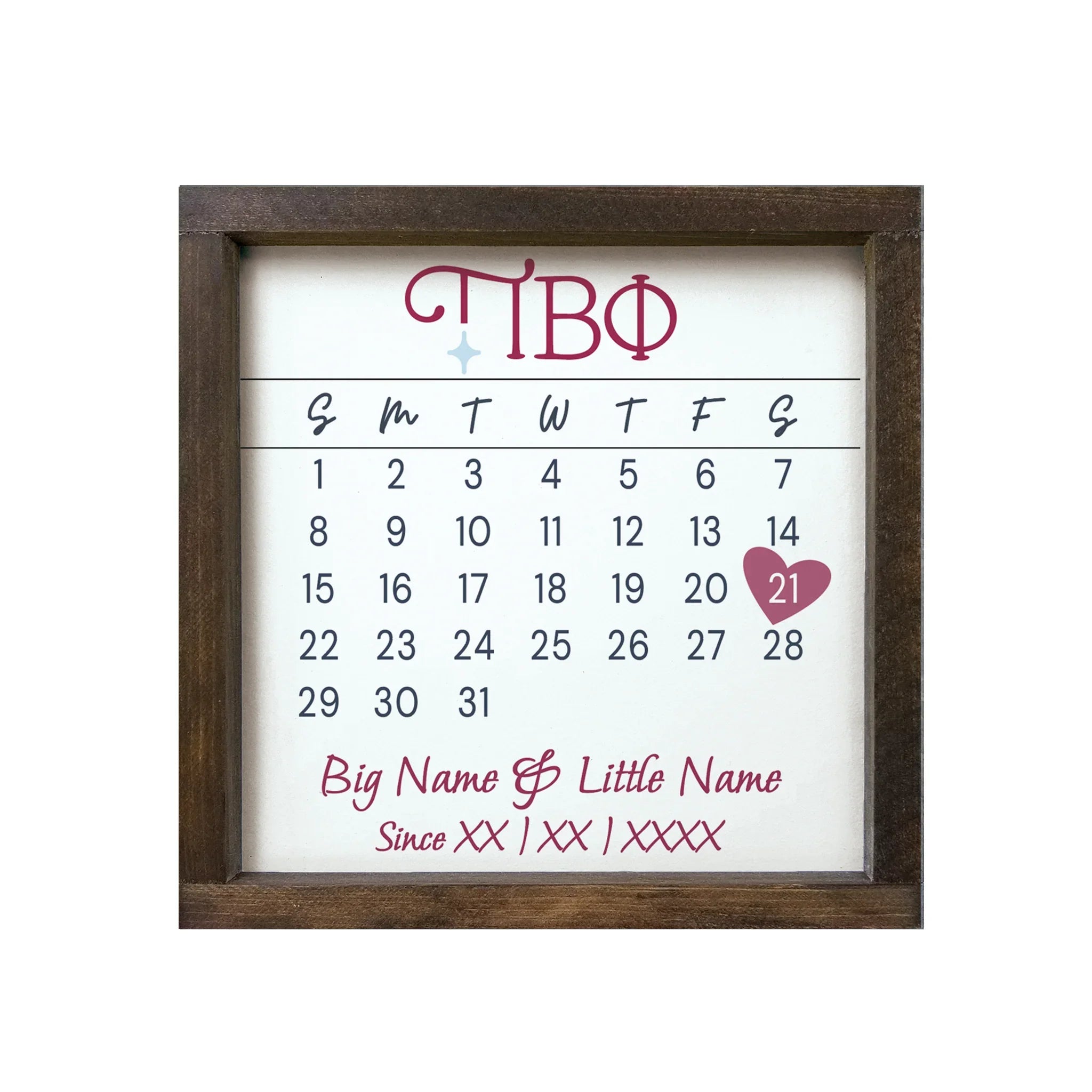 Pi Beta Phi Personalized Big Little Calendar Framed Sign 12x12 Walnut
