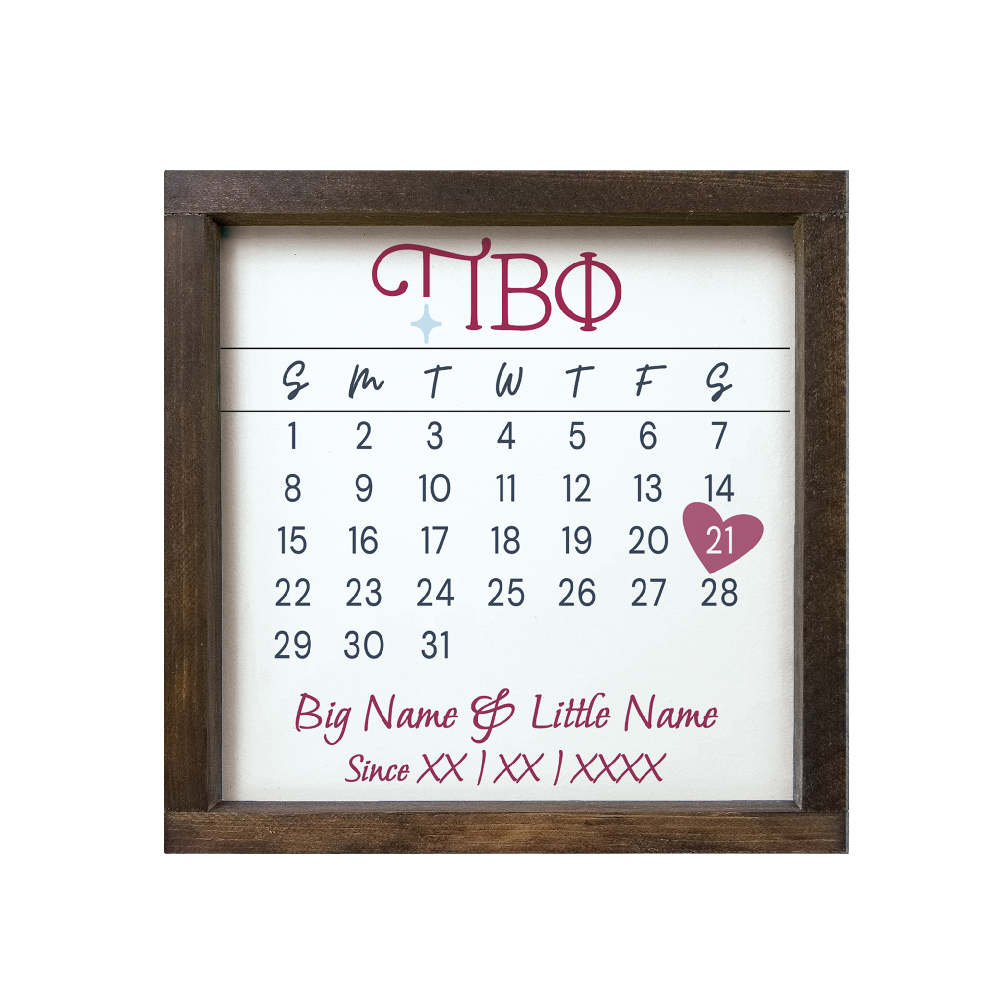 Pi Beta Phi Personalized Big Little Calendar Framed Sign 12x12 Walnut
