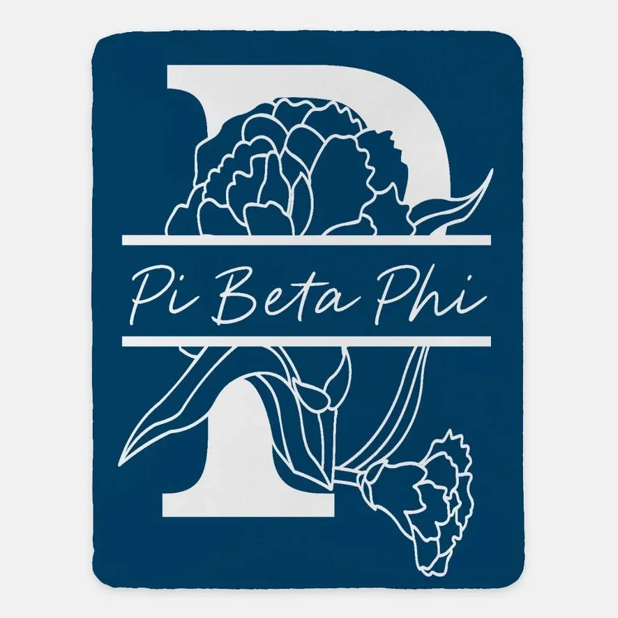 Pi Beta Phi XL 60x80 Sherpa Throw Blanket Carnation Monogram Dark Blue