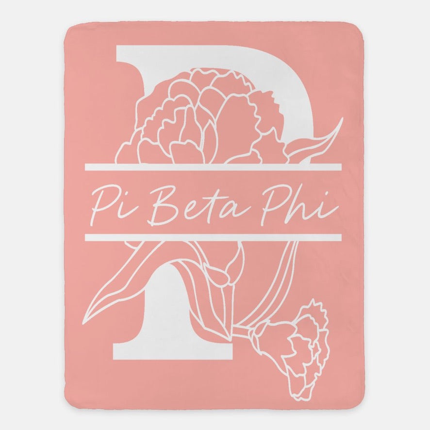 Pi Beta Phi XL 60x80 Sherpa Throw Blanket Carnation Monogram Mid Pink