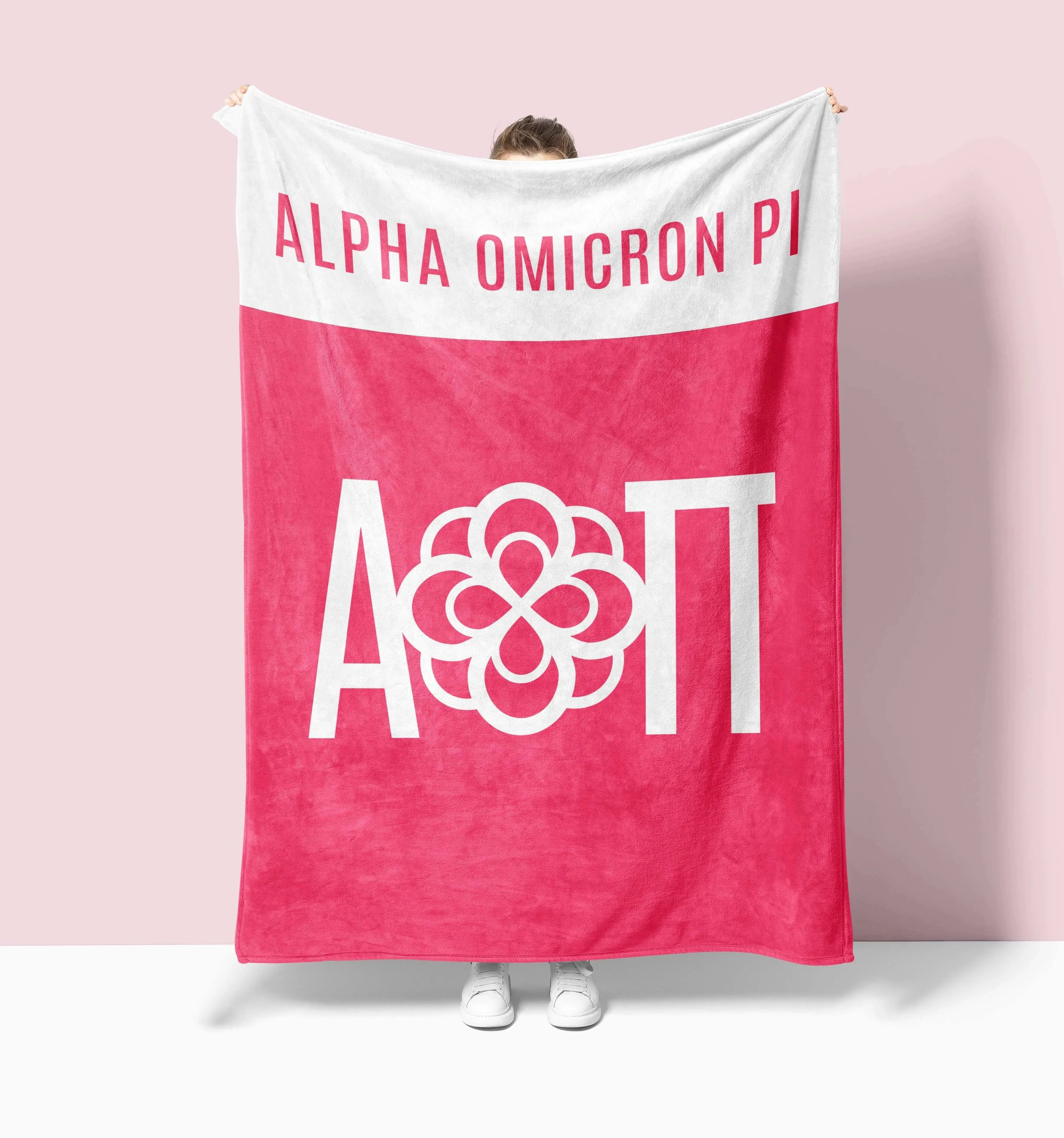 Alpha Omicron Pi XL 60x80 Sherpa Throw Blanket - Pink Wide Band Throw Blankets
