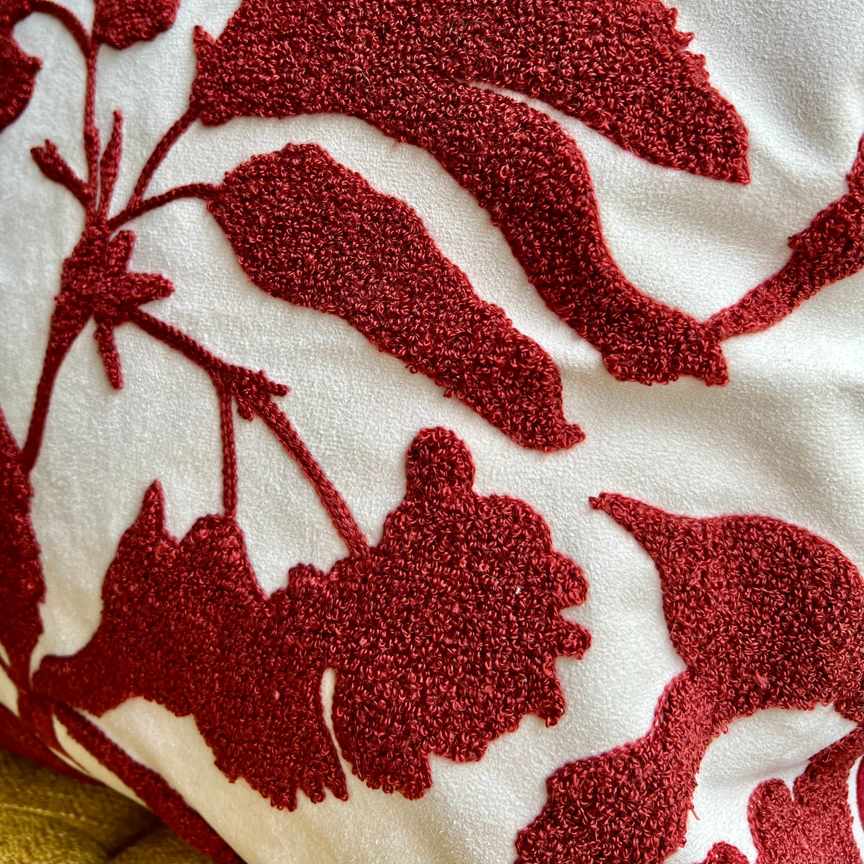 Red and White Floral Embroidered Pillow Cover | Bold Dorm Decor