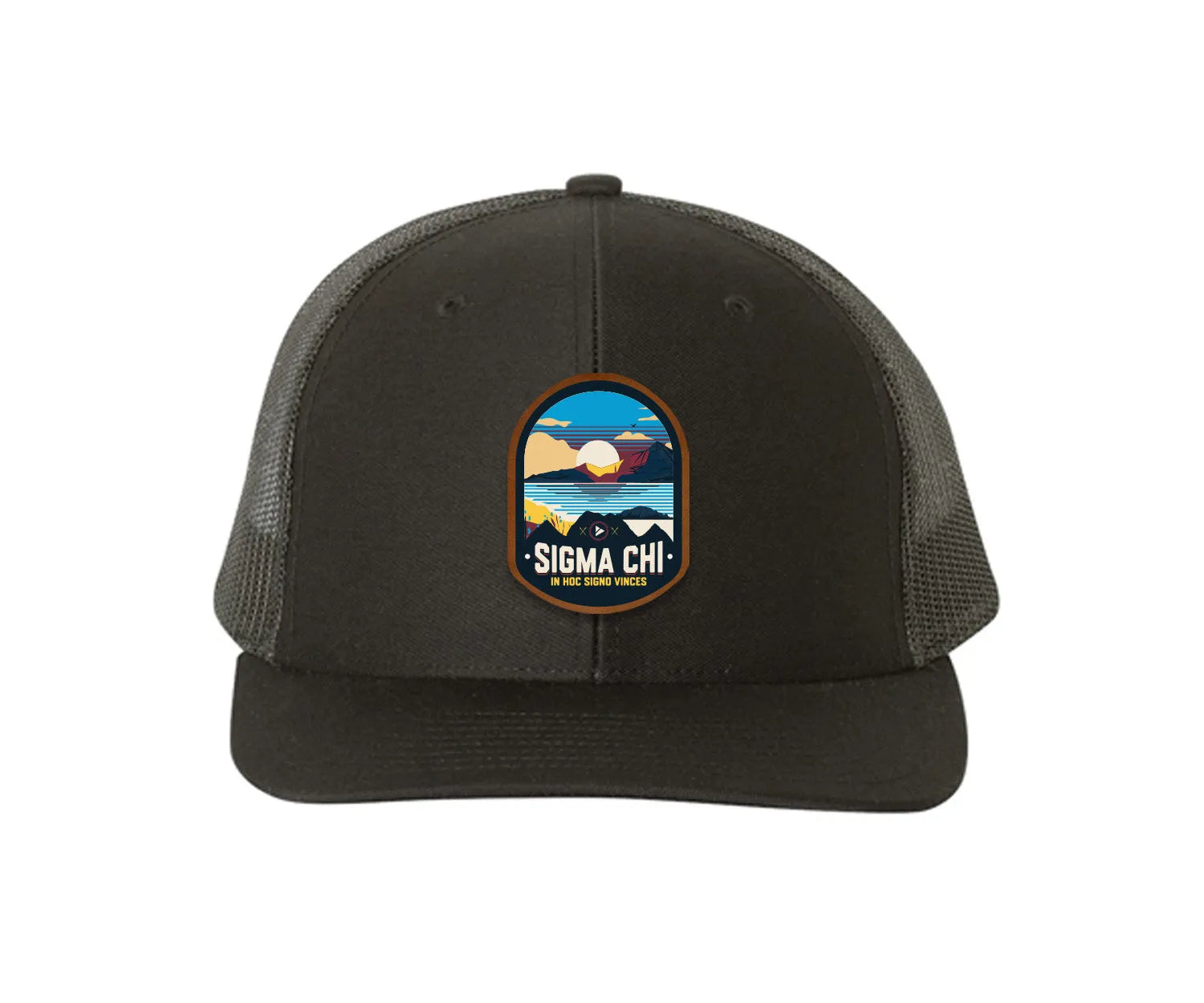 Sigma Chi Richardson 112 UV Print Leatherette Patch Trucker Hat - Ventura Black Black Trucker Hat