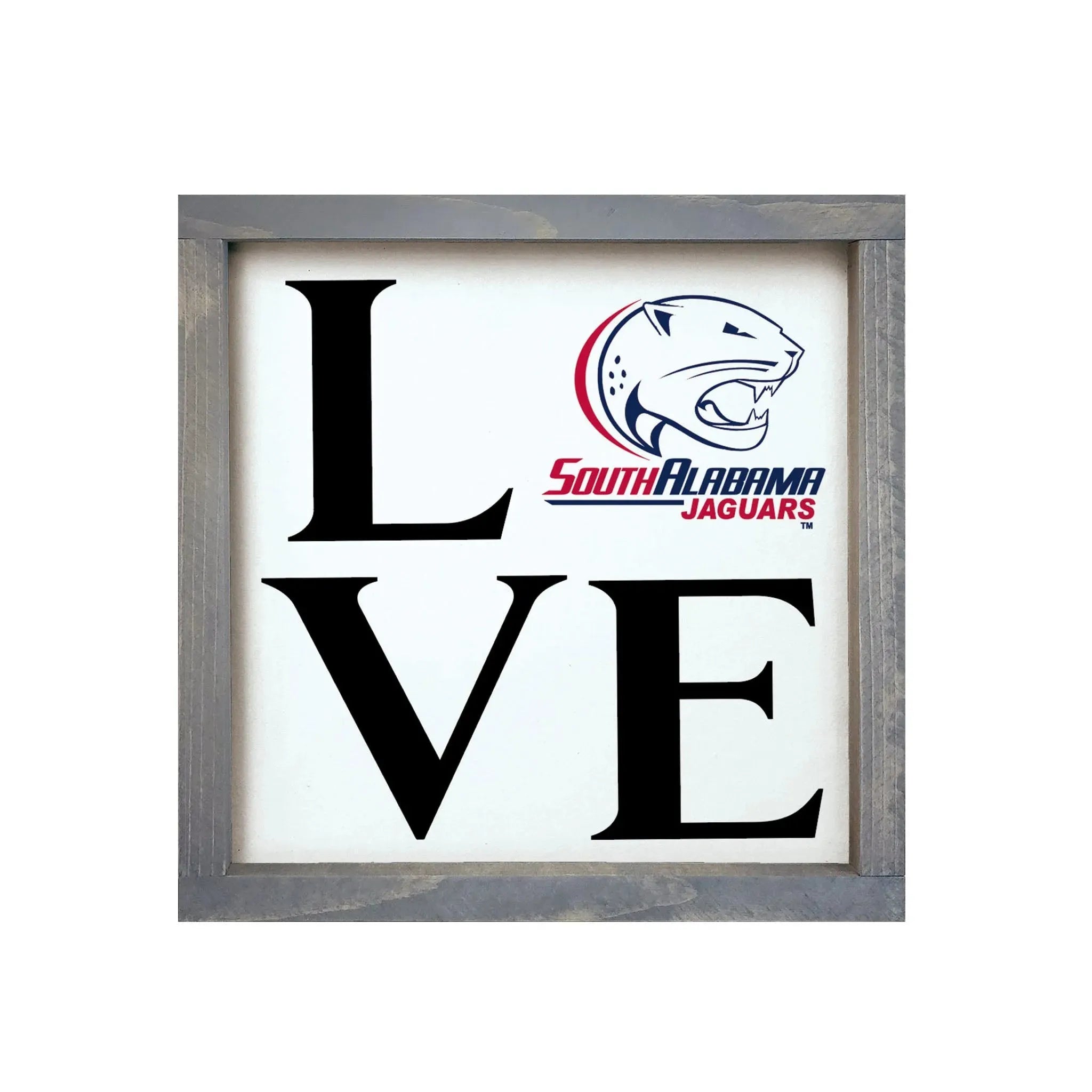 University of South Alabama 12x12 Wood Sign - "LOVE" - 12"x12" Weathered Gray Wall Art & Signs