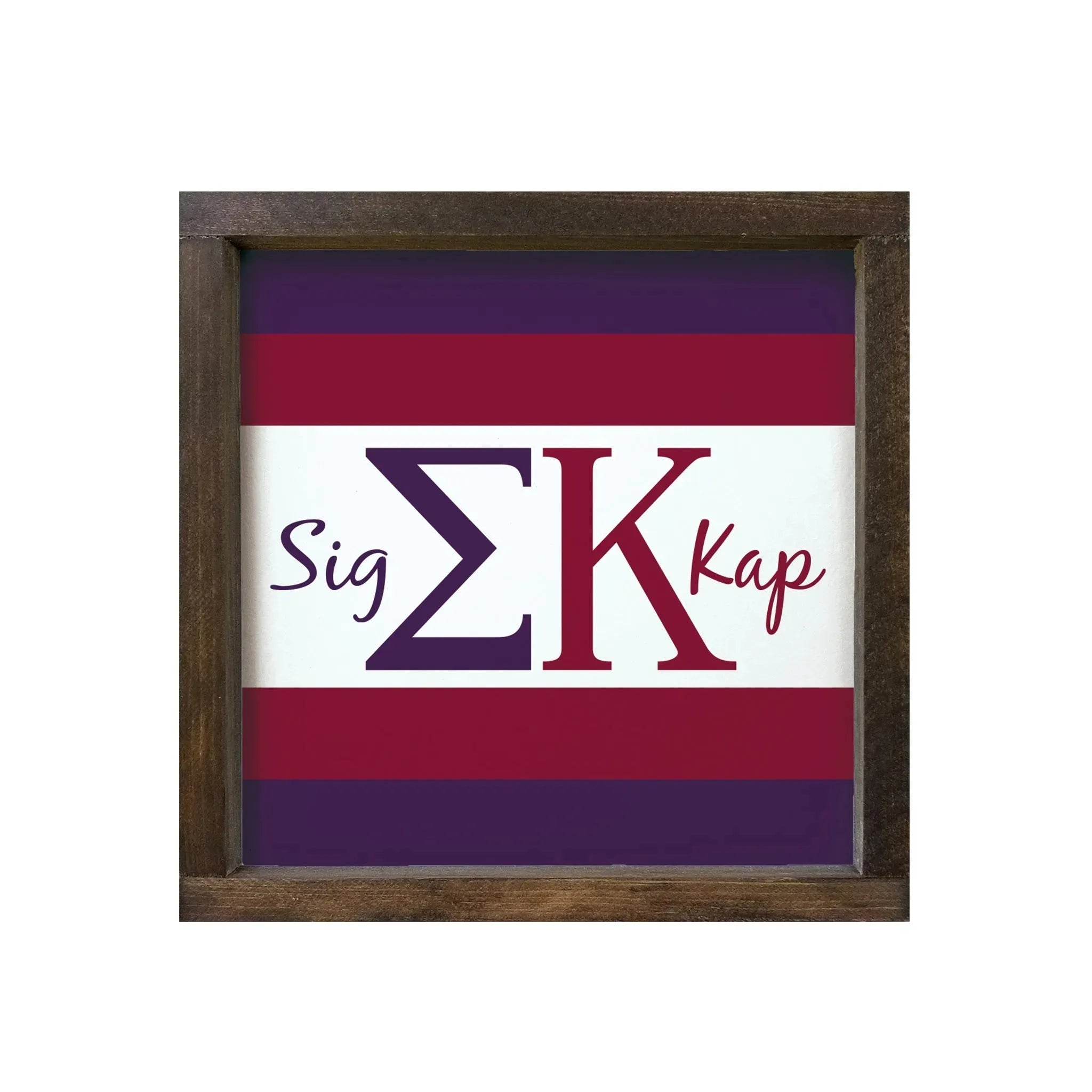 Sigma Kappa 12x12 Wood Framed Sign - Greek Letters & Stripes Walnut Stain Wall Art & Signs