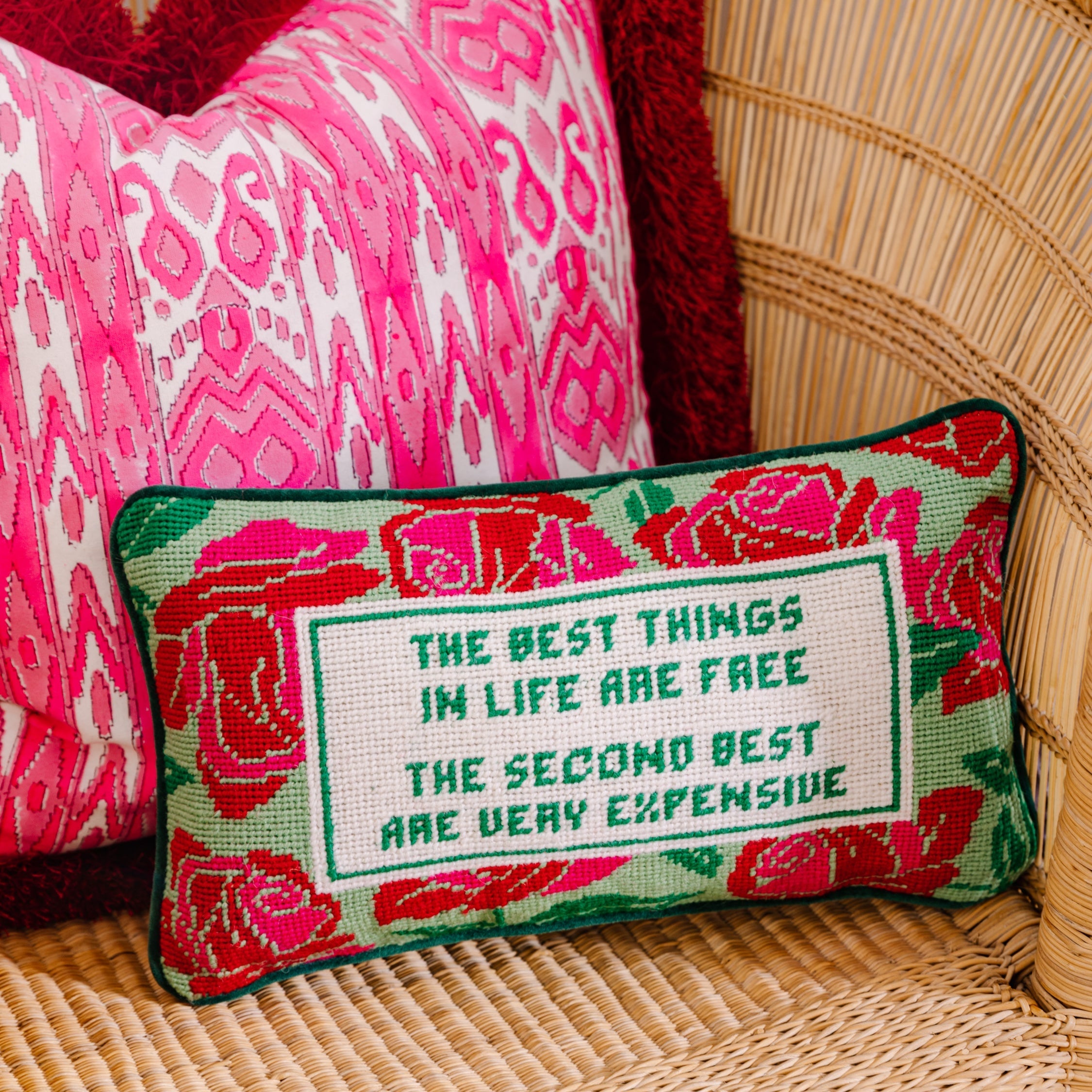 Best Things In Life Needlepoint Pillow | Vintage-inspired Dorm Decor