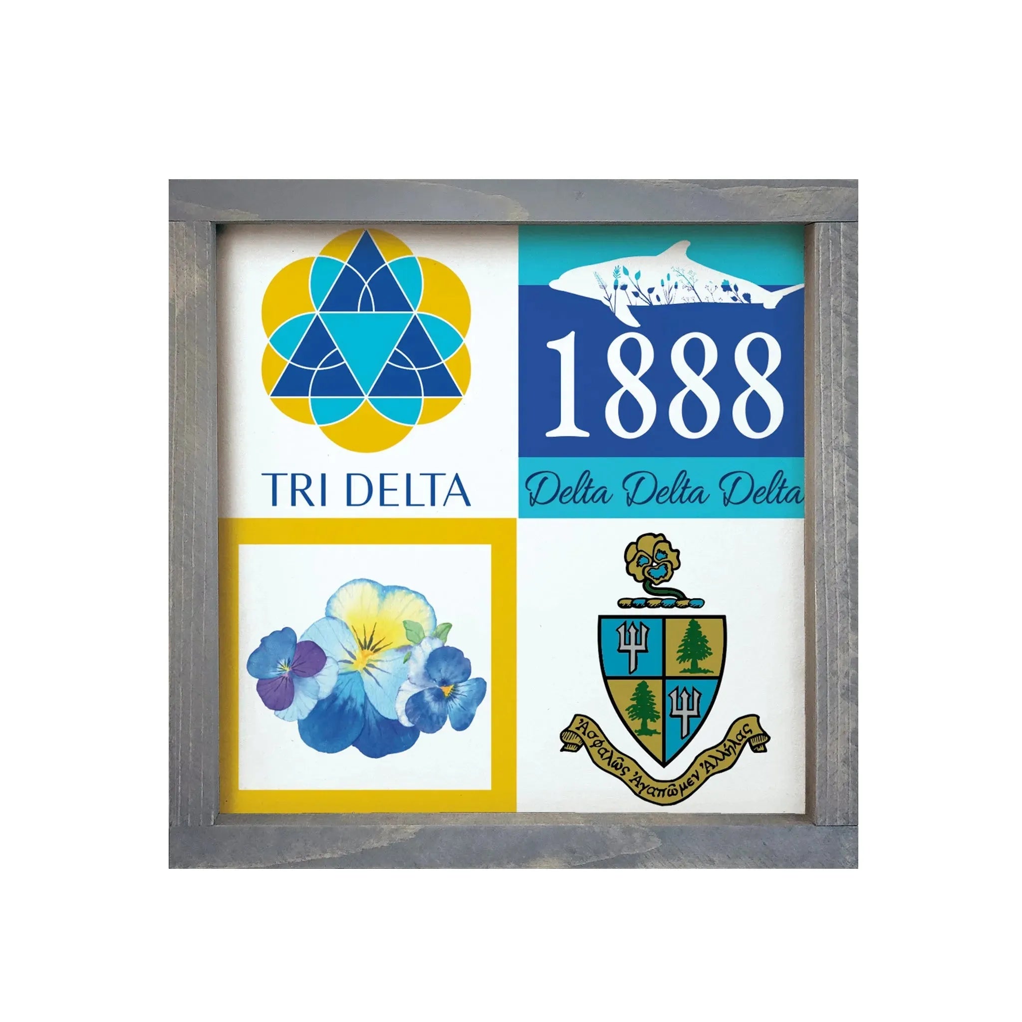 Tri Delta Wood Framed Sign - Pansy Classic Color Block Weathered Gray Wall Art & Signs