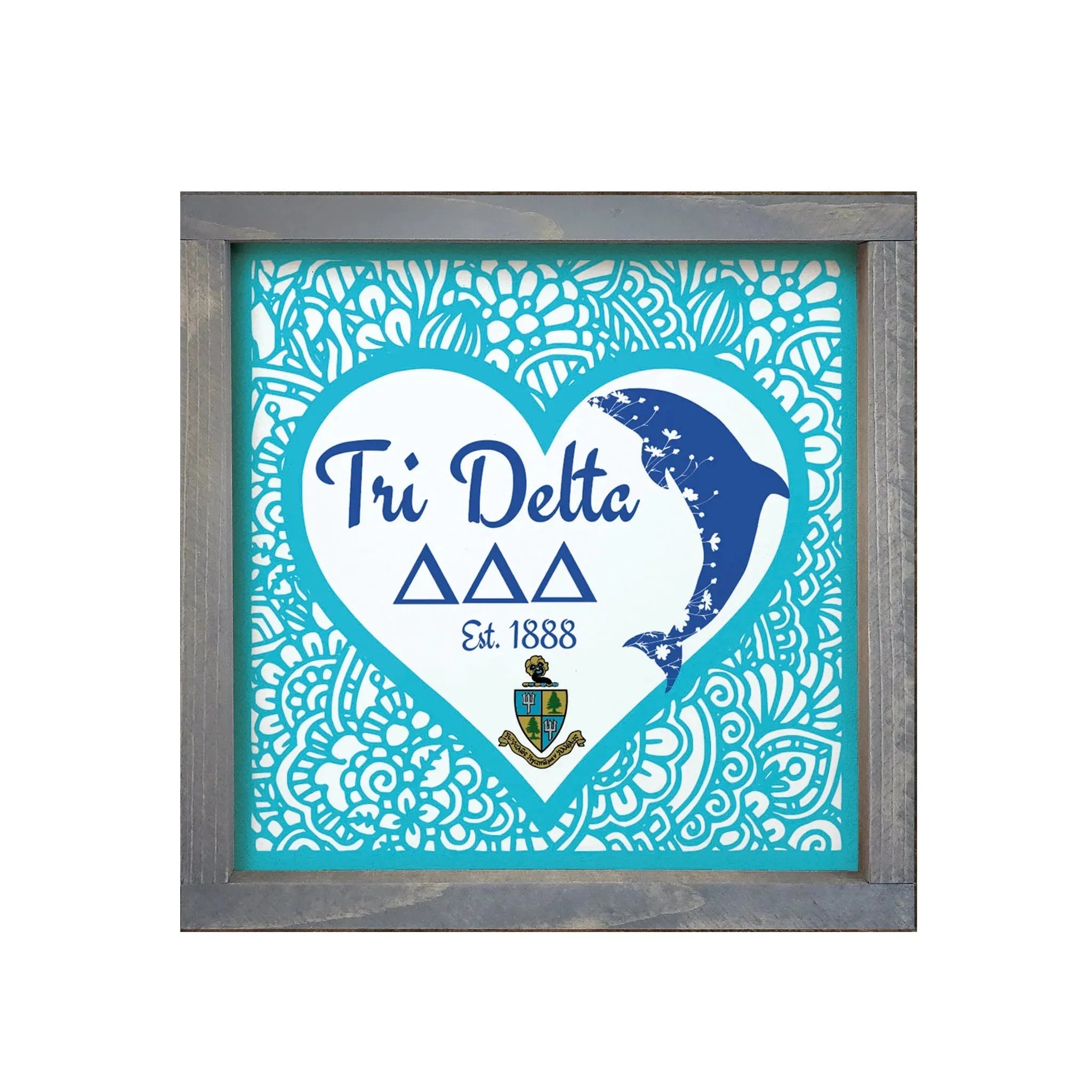 Tri Delta 12x12 Wood Framed Sign - Mandala Dolphin Weathered Gray Wall Art & Signs