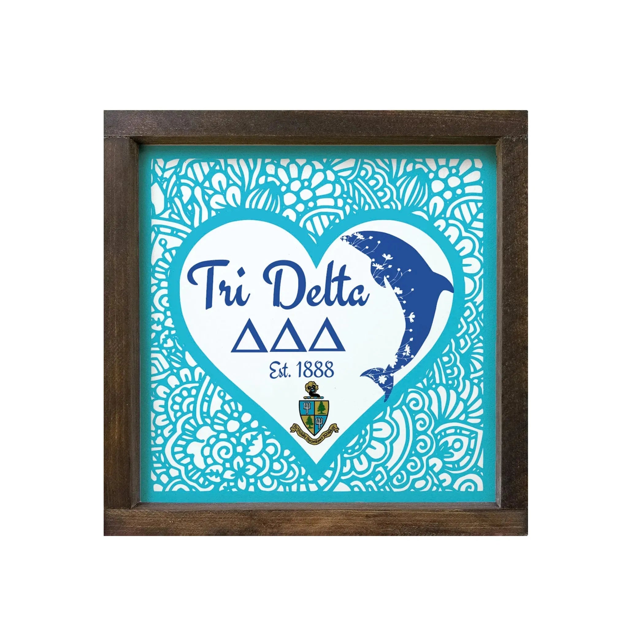 Tri Delta 12x12 Wood Framed Sign - Mandala Dolphin Walnut Stain Wall Art & Signs