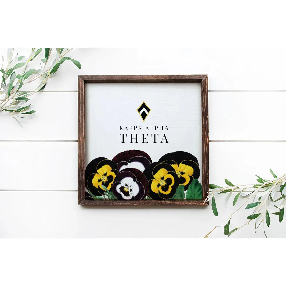 Kappa Alpha Theta 12x12 Wood Framed Sign - Pansies Wall Art & Signs