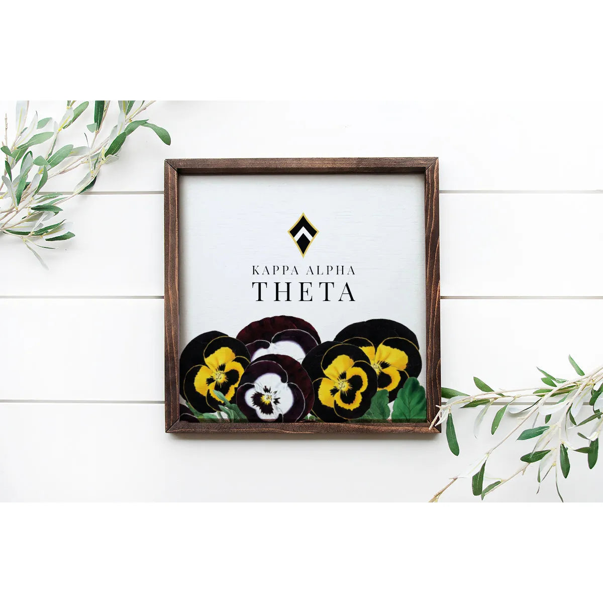 Kappa Alpha Theta 12x12 Wood Framed Sign - Pansies | Custom Gifts