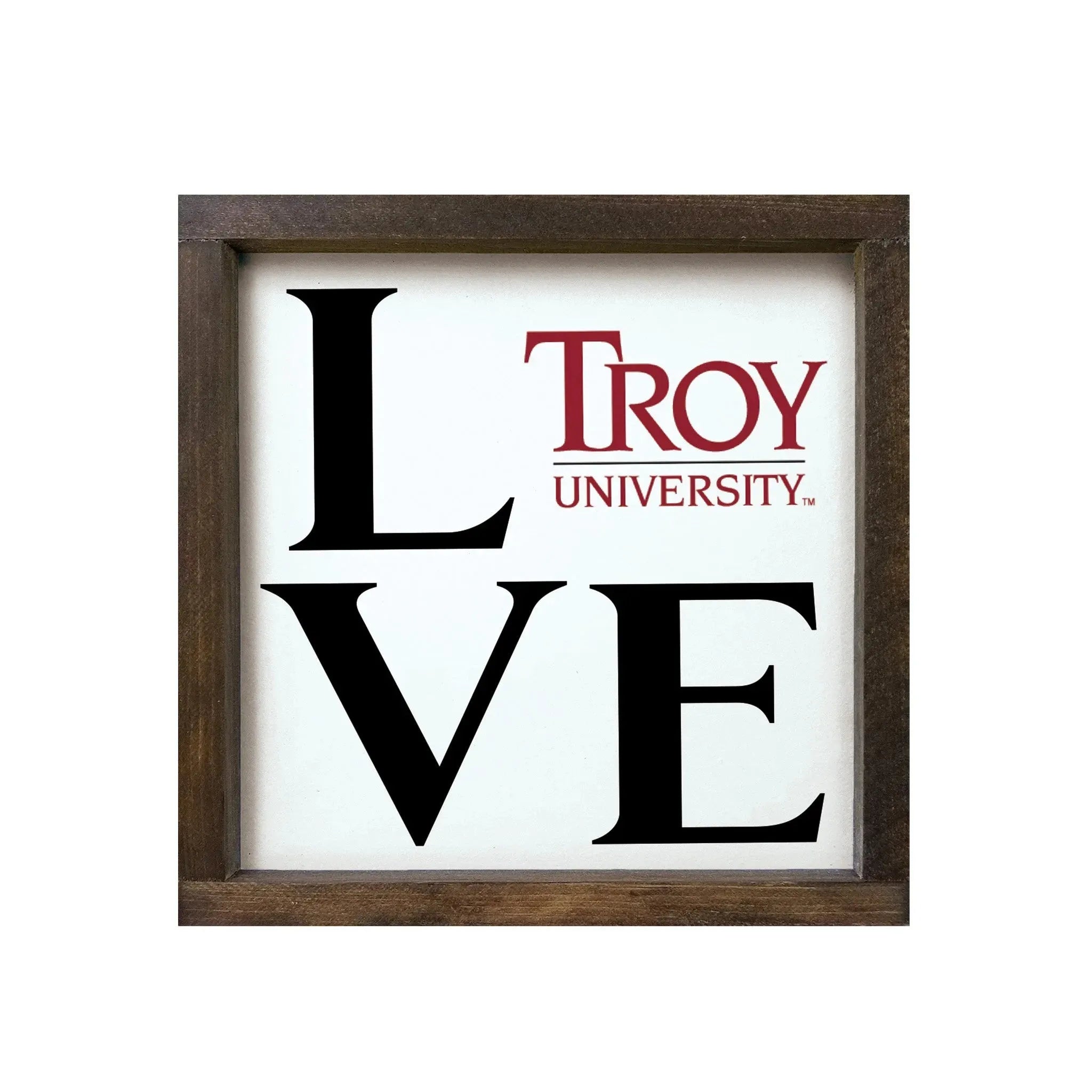 Troy University 12x12 Wood Framed Sign - "LOVE" Traditional Logo - 12"x12" Wall Art & Signs