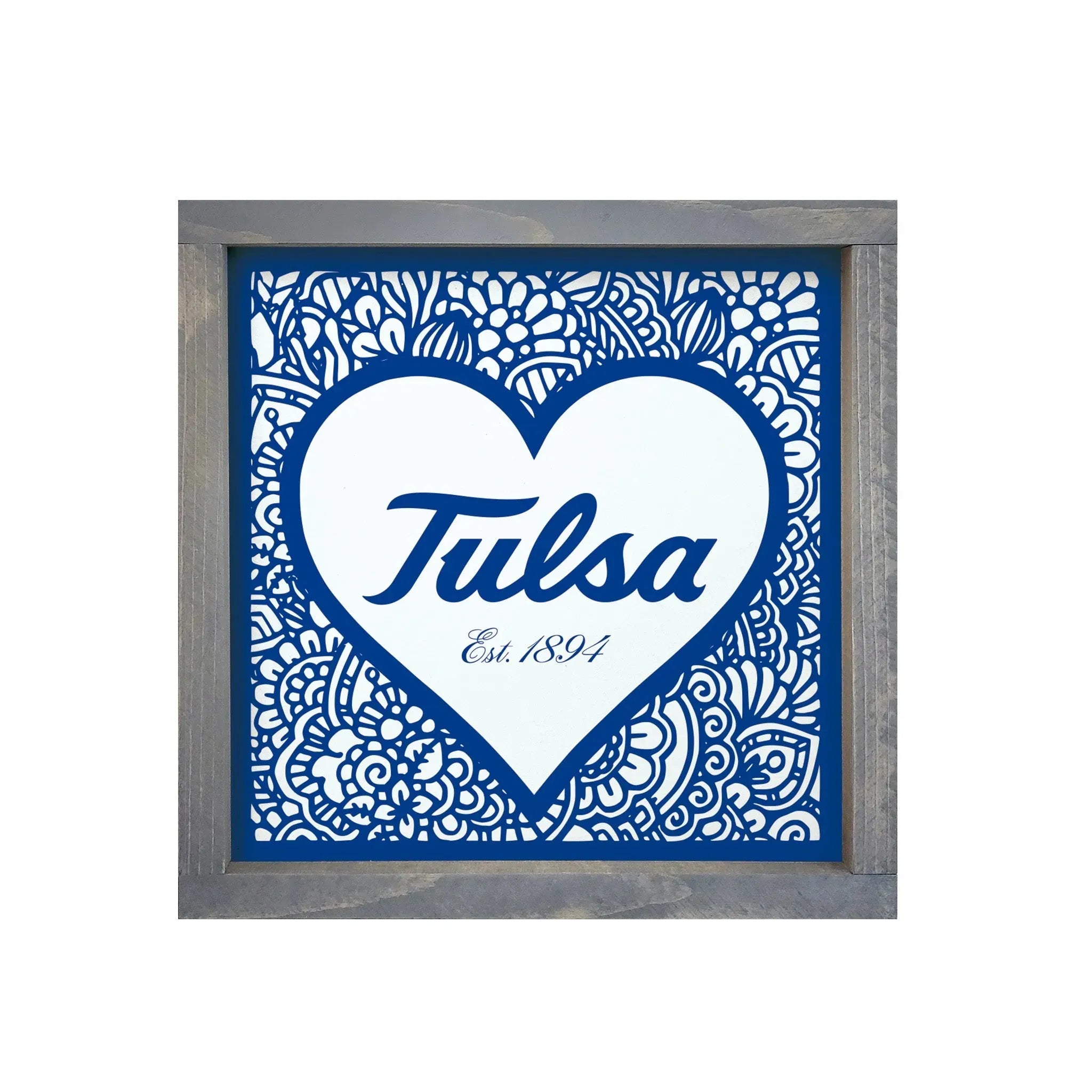 University of Tulsa 12x12 Wood Framed Sign - Blue Mandala Heart Weathered Gray Wall Art & Signs
