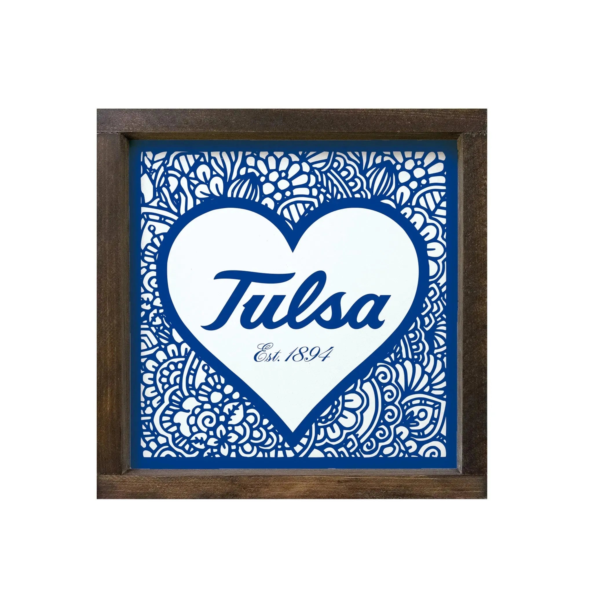 University of Tulsa 12x12 Wood Framed Sign - Blue Mandala Heart Wall Art & Signs