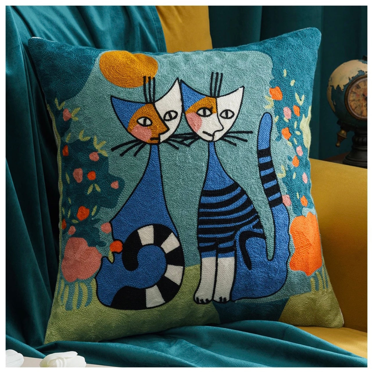 Twin Siamese Cats Embroidered Pillow Cover | Abstract Dorm Decor