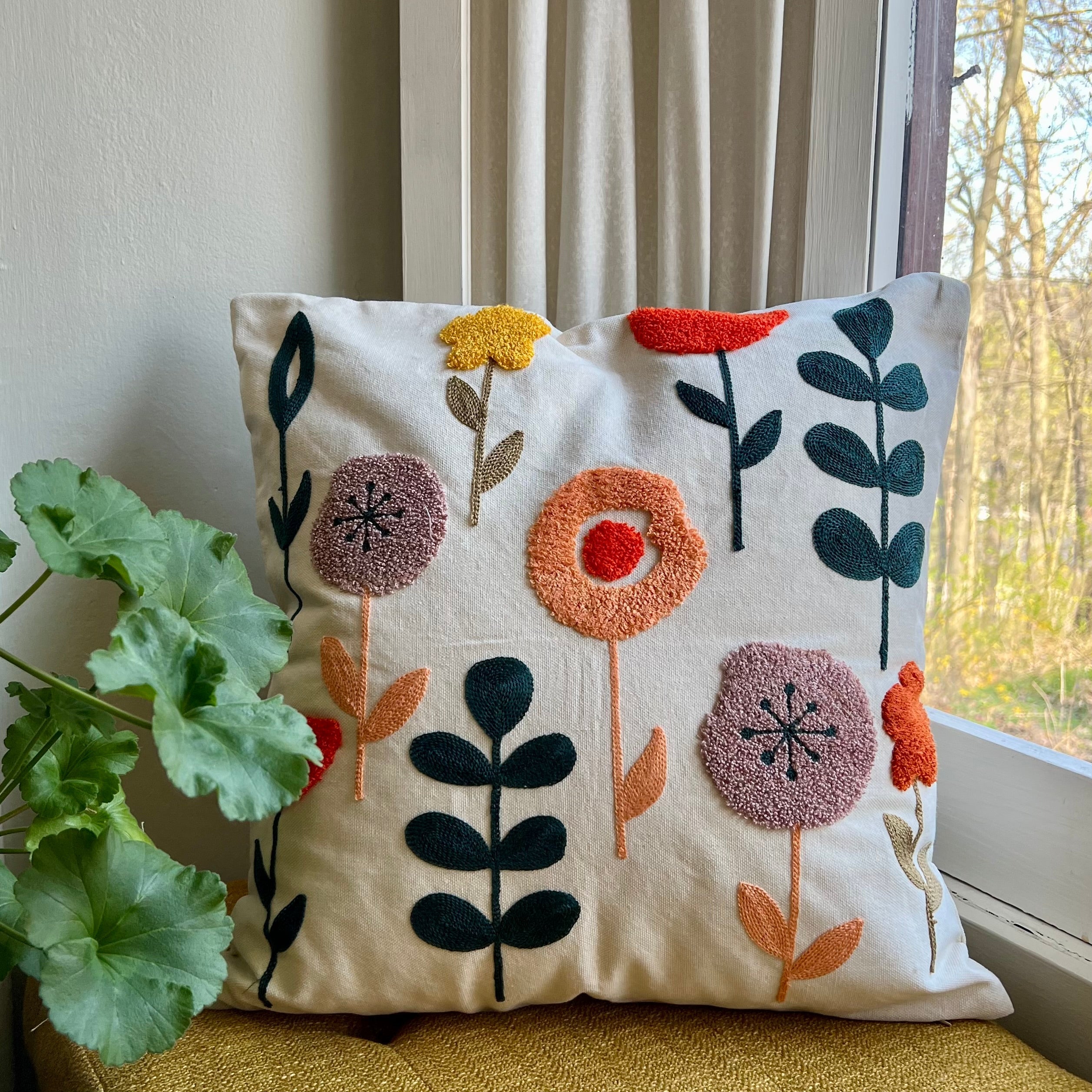 Vibrant Floral Embroidered Throw Pillow Cover | Modern Boho Decor