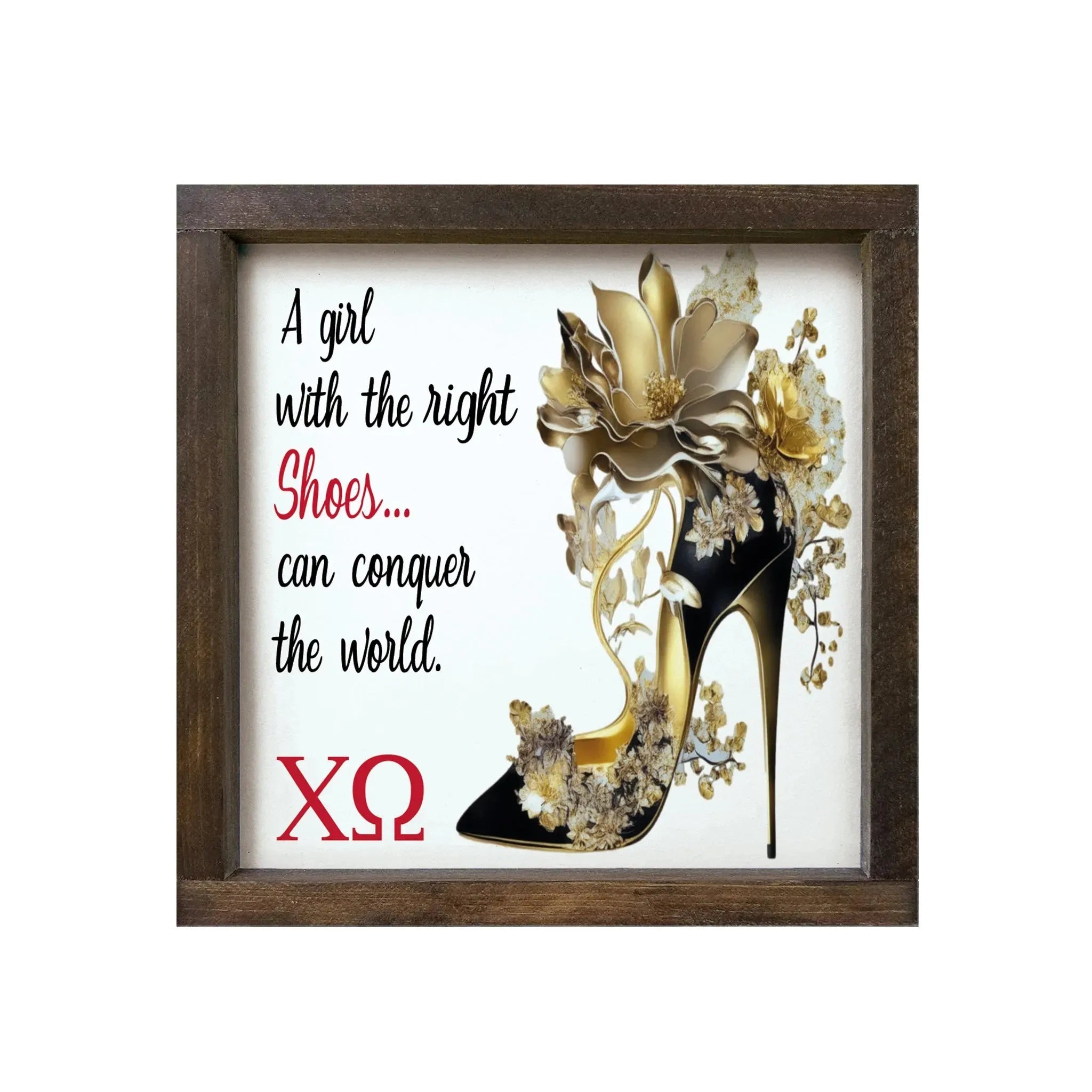 Chi Omega 12x12 Wood Framed Sign - The Right Shoes Walnut Stain Wall Art & Signs