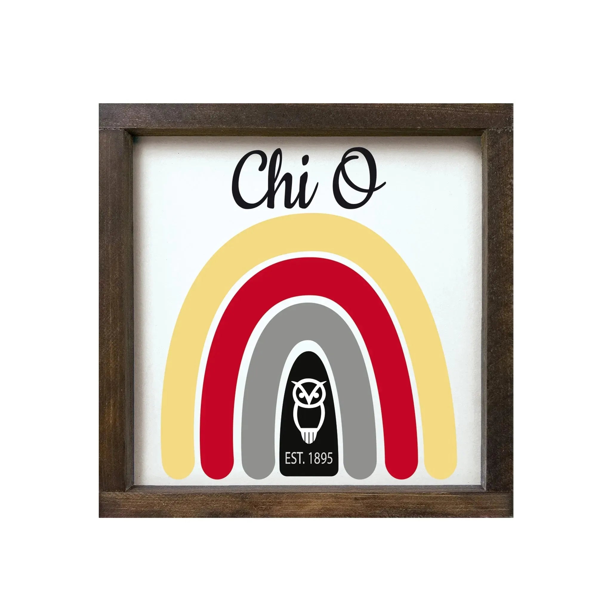 Chi O 12x12 Wood Framed Sign - Rainbow Walnut Stain Wall Art & Signs