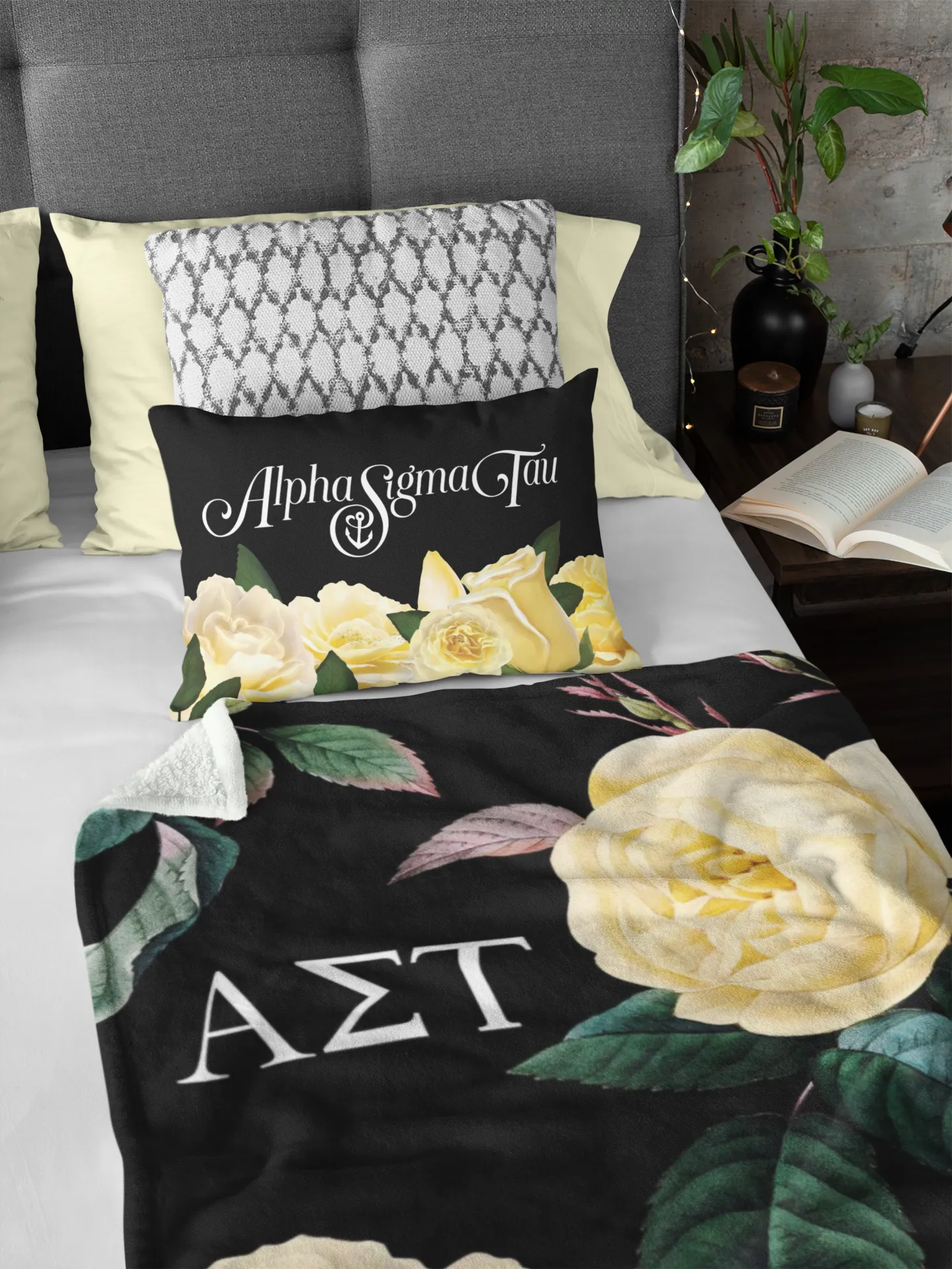 Alpha Sigma Tau Lumbar Pillow Cover - Yellow Roses | Custom Gifts | Dorm Decor