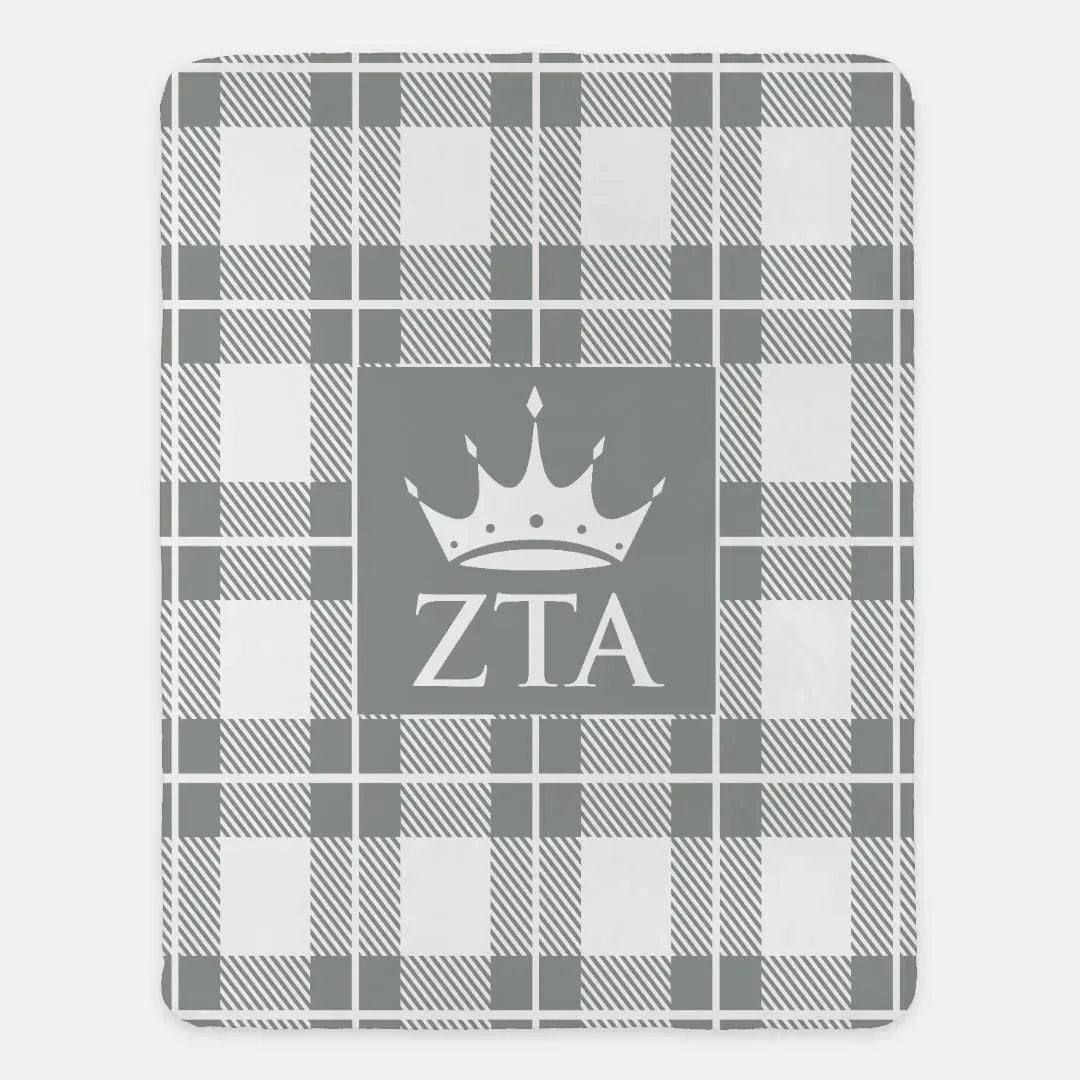 Zeta Tau Alpha XL 60x80 Sherpa Blanket - Plaid Gray Throw Blankets