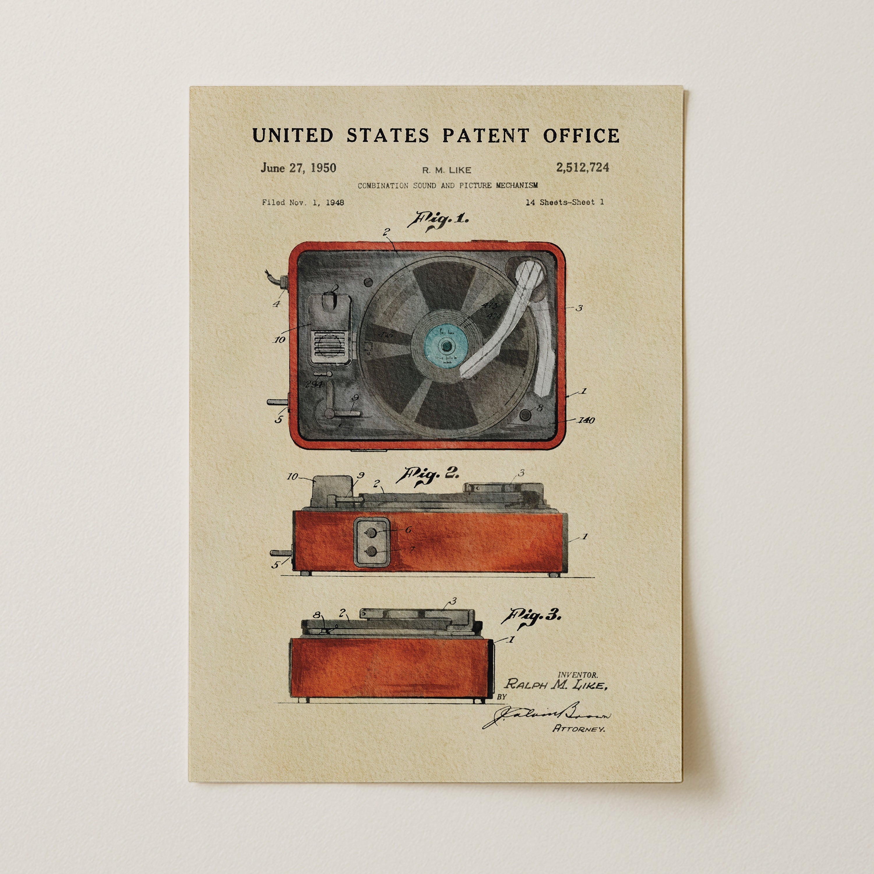 Vintage Record Player - Red US Patent Wall Print