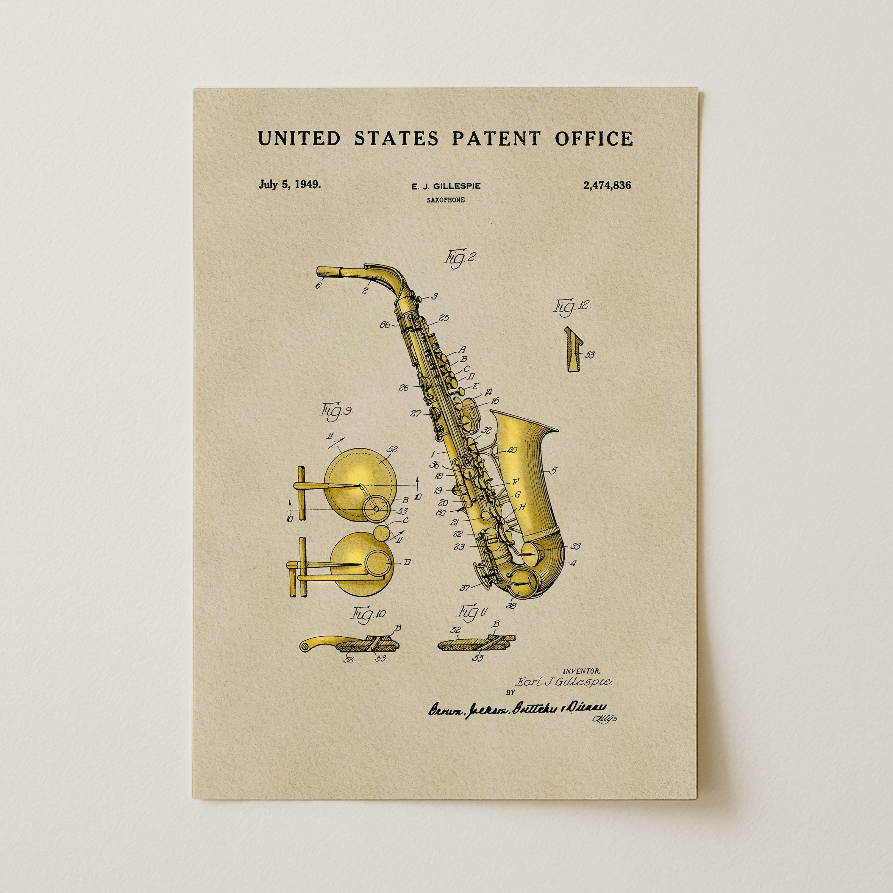 Saxophone US Patent Art Print | Music Themed Dorm Decor