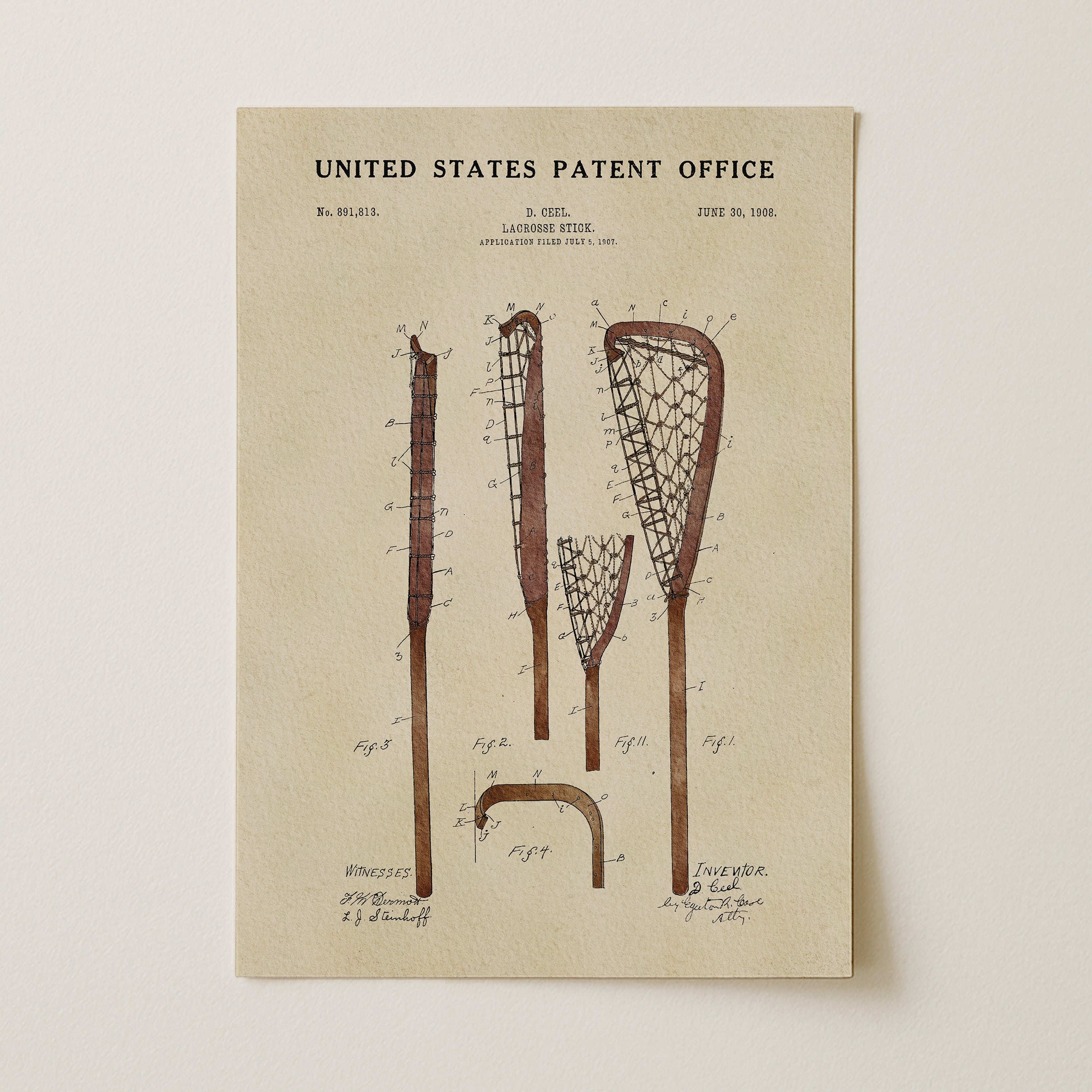 Original Lacrosse Stick US Patent Art Print | Sports-Themed Dorm Decor | Campus Greek Fit