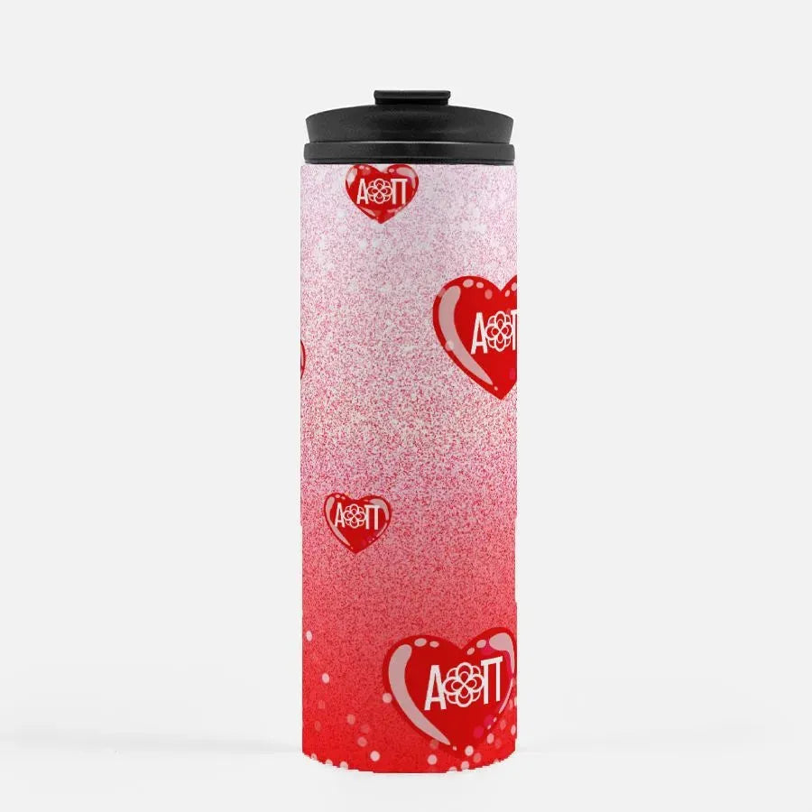 Alpha Omicron Pi Thermal Tumbler 16 oz. - Glitter Hearts Drinkware