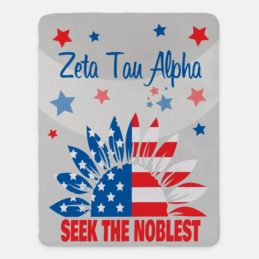 Zeta Tau Alpha XL 60x80 Sherpa Blanket - American Sunflower Throw Blankets