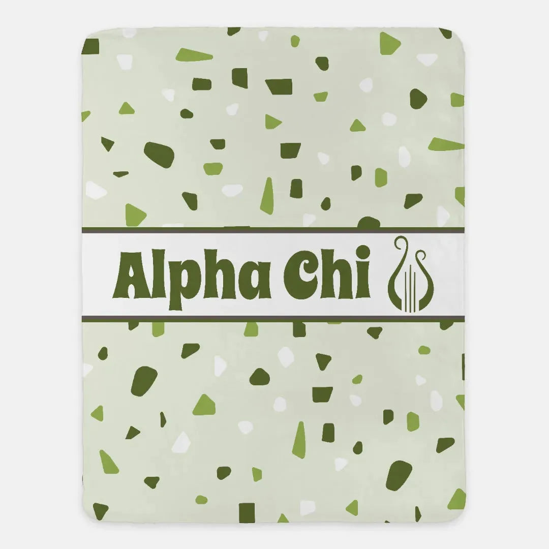 Alpha Chi Omega XL 60x80 Sherpa Throw Blanket Olive Terrazzo Pattern Throw Blankets