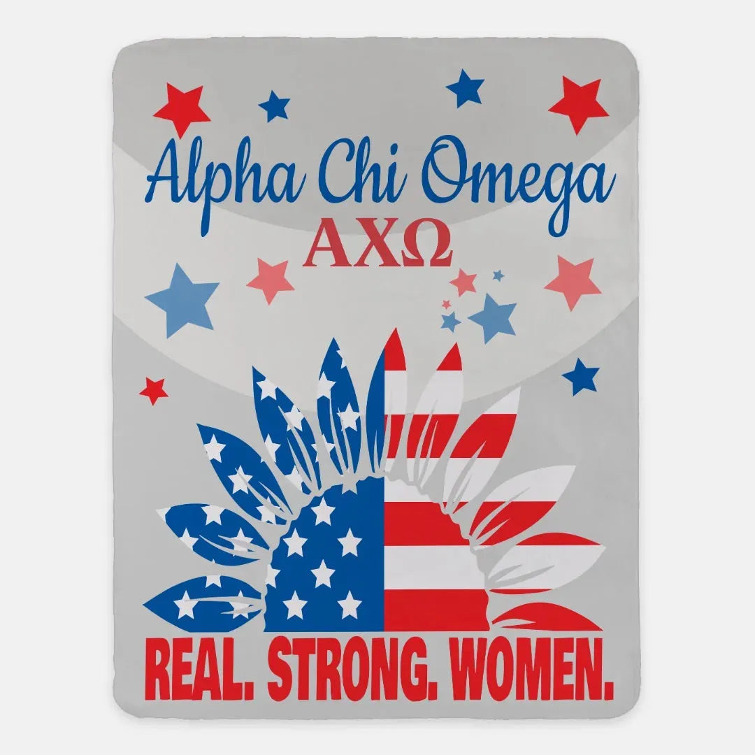 Alpha Chi Omega XL 60x80 Sherpa Throw Blanket - American Sunflower Throw Blankets