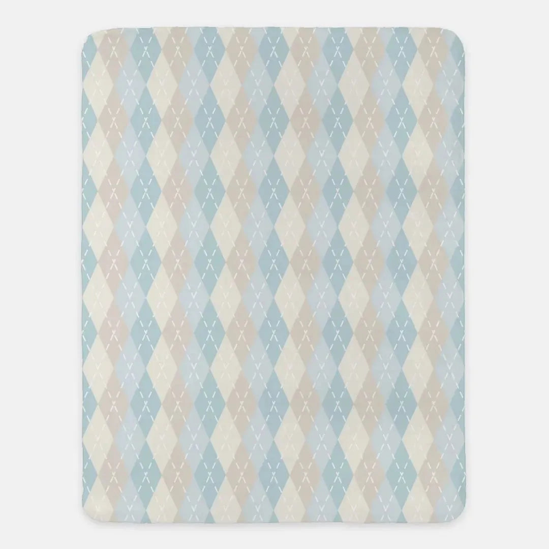 Pale Blue & Beige XL 60x80 Argyle Sherpa Throw Blanket Throw Blankets