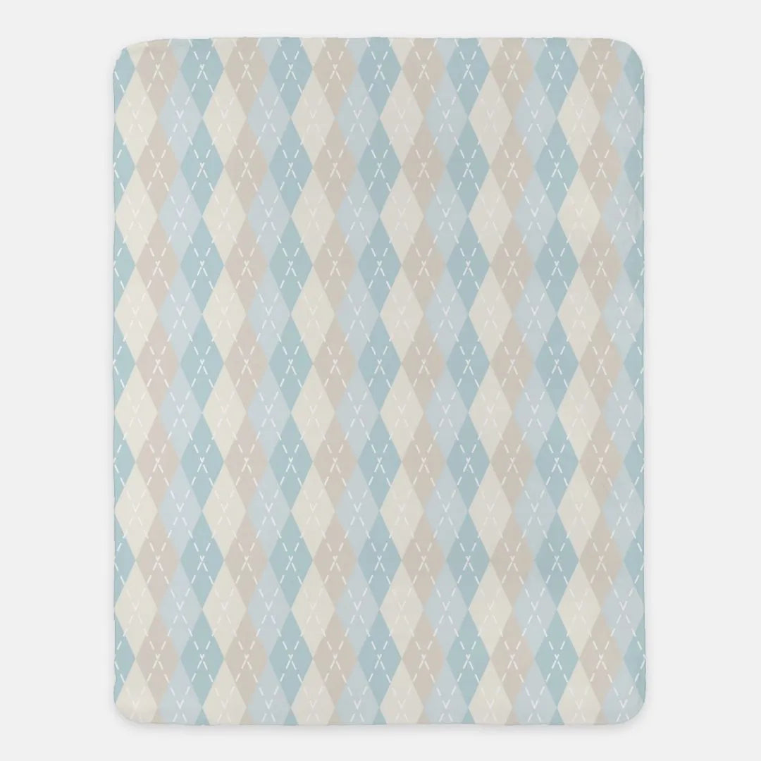 Pale Blue & Beige XL 60x80 Argyle Sherpa Throw Blanket | Dorm Decor