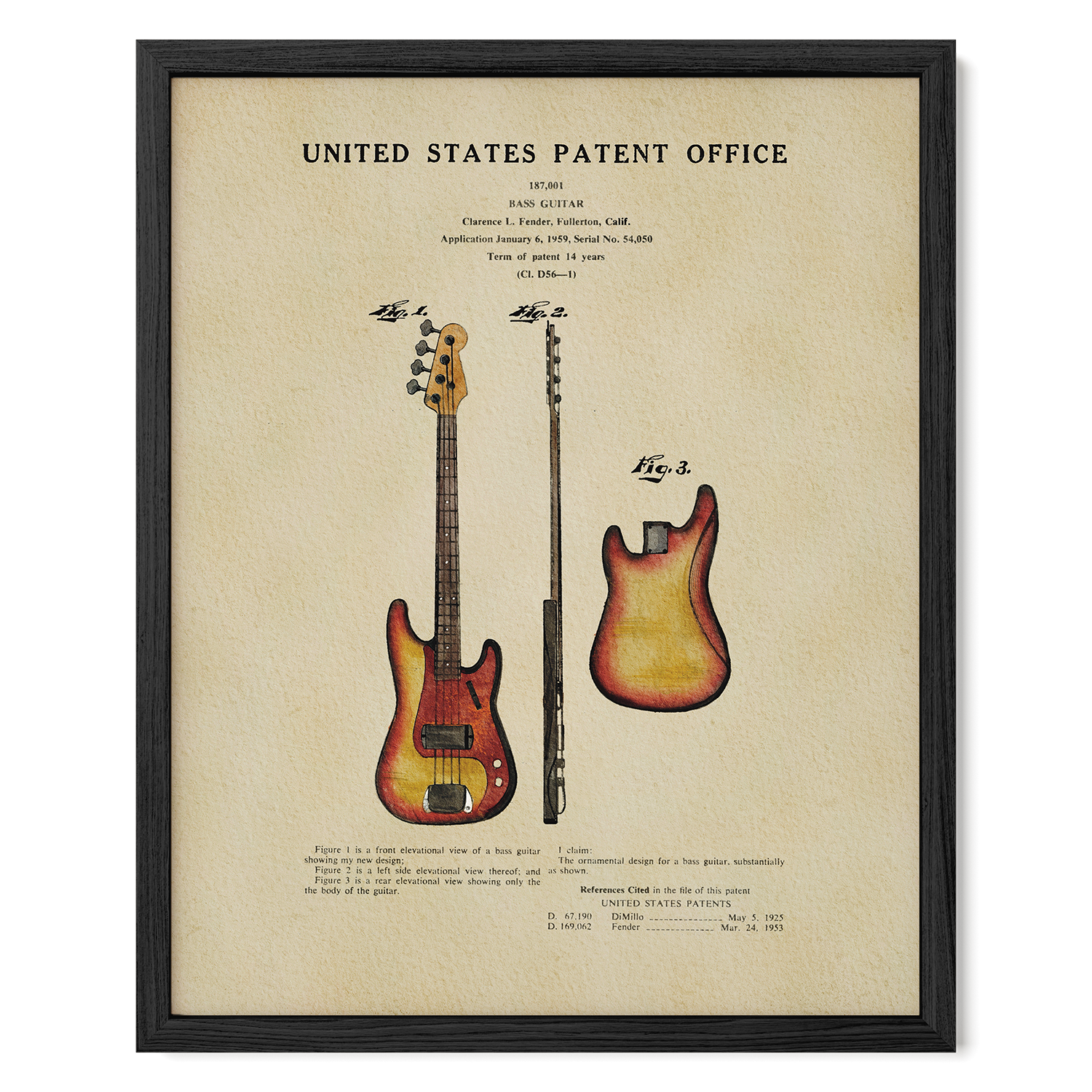 Fender Bass Guitar US Patent Art Print | Music-Themed Dorm Decor