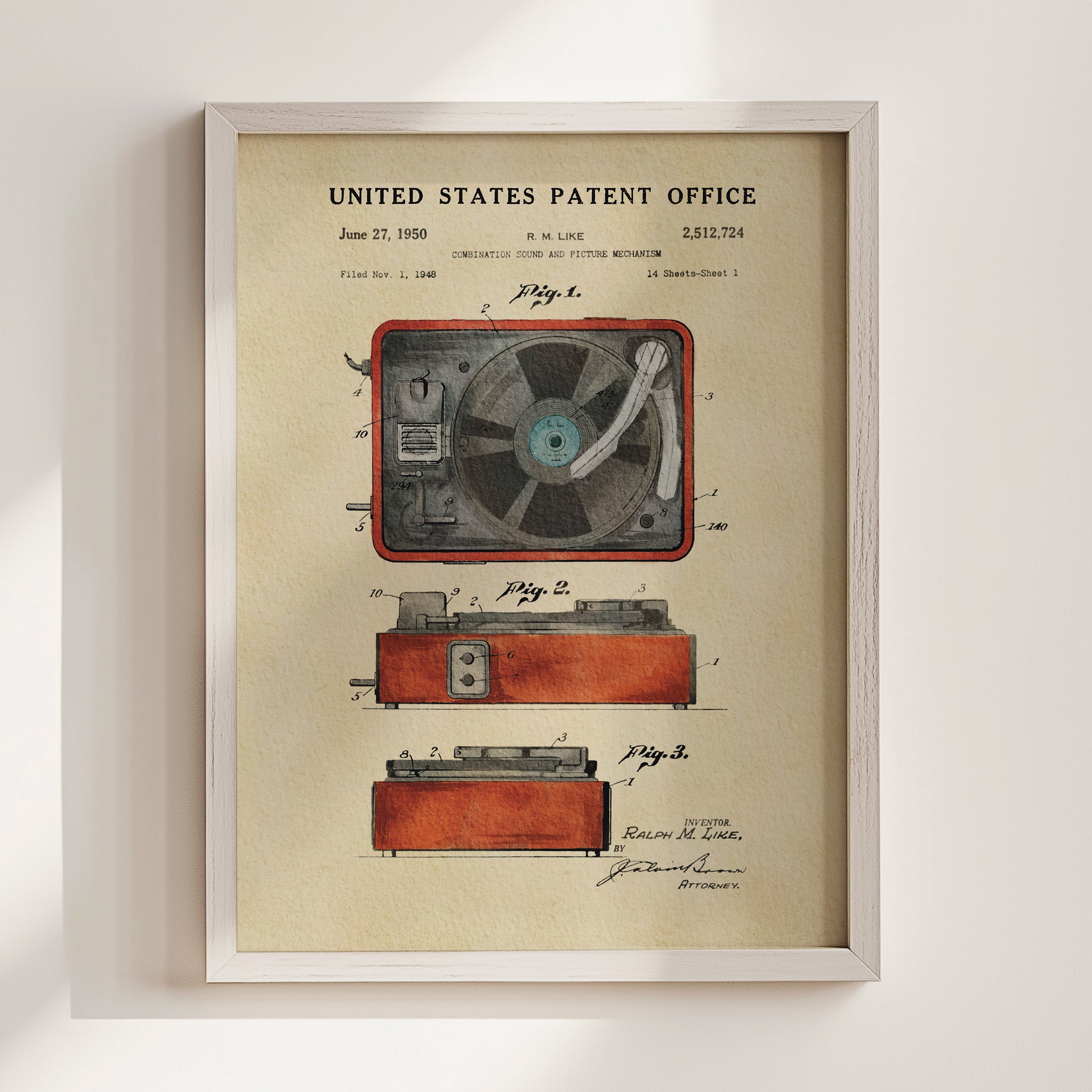 Vintage Record Player - Red US Patent Wall Print