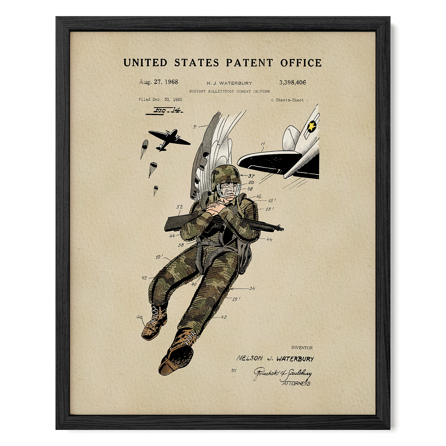 Combat Suit US Patent Art Print | Patriotic Decor | Vintage Style Wall Art | Campus Greek Fit