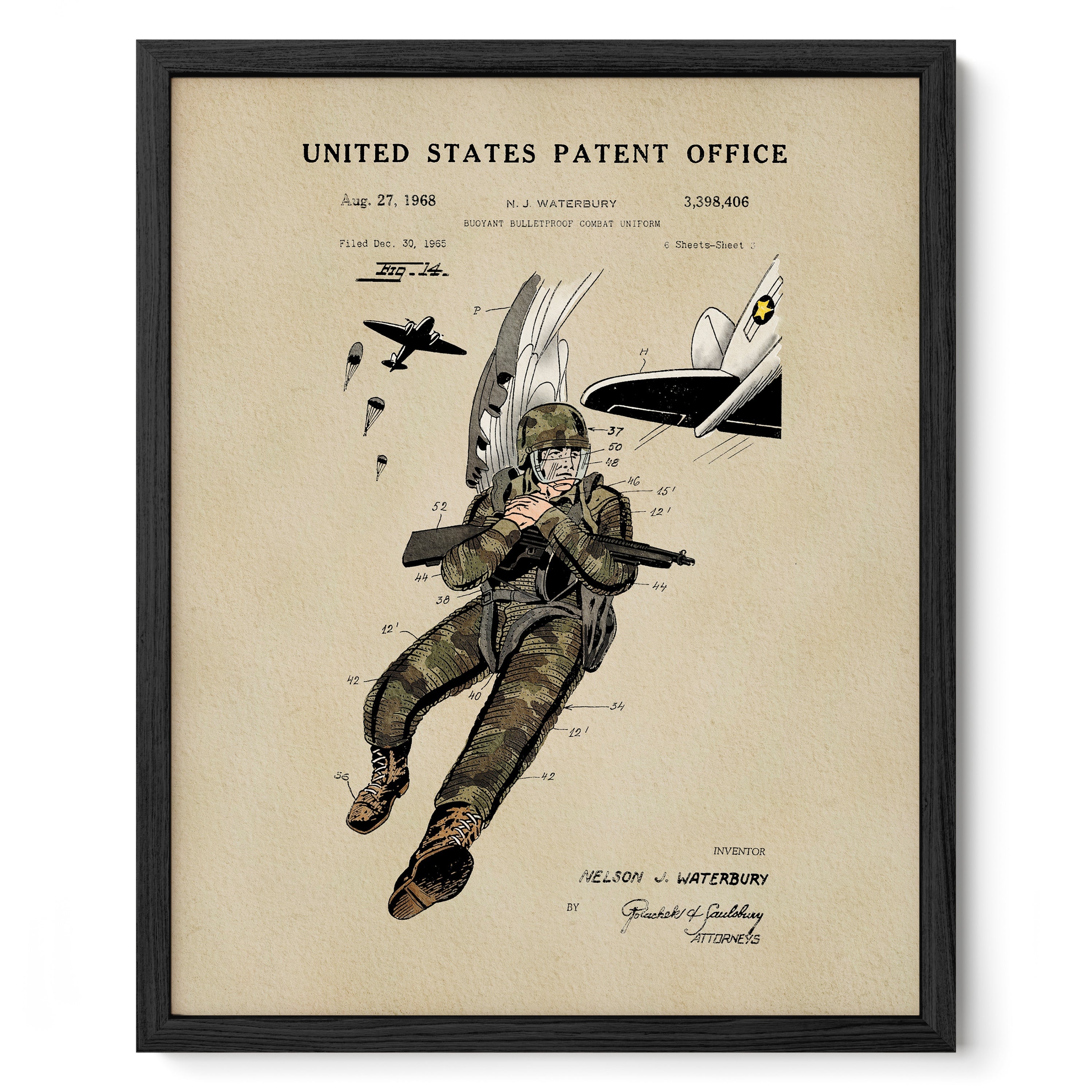 Combat Suit US Patent Art Print | Patriotic Decor | Vintage Style Wall Art | Campus Greek Fit