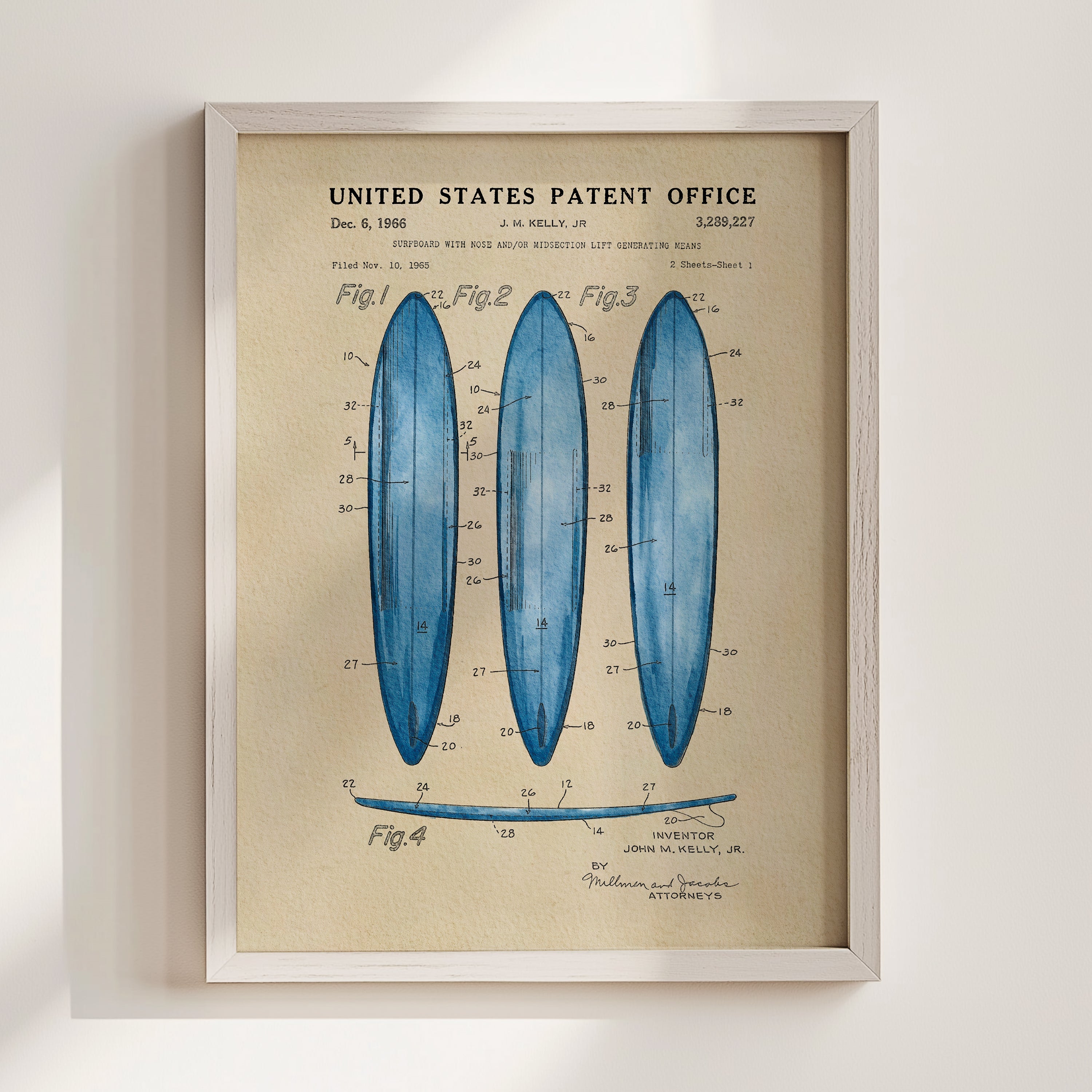Surfboard US Patent Art Print - Blue | Coastal-Themed Dorm Decor | Campus Greek Fit