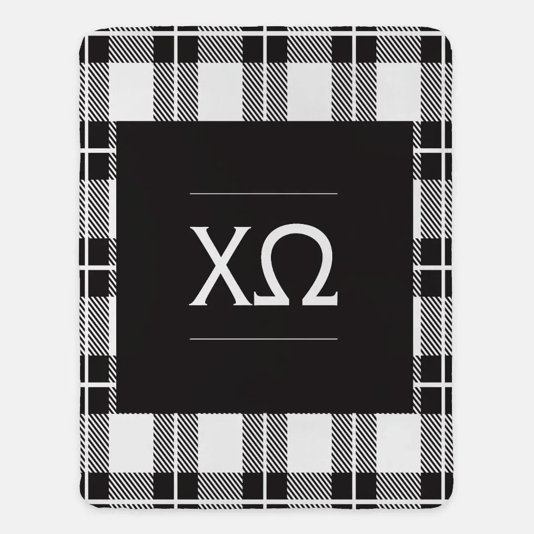 Chi Omega XL 60x80 Plaid Sherpa Throw Blanket Black White Throw Blankets