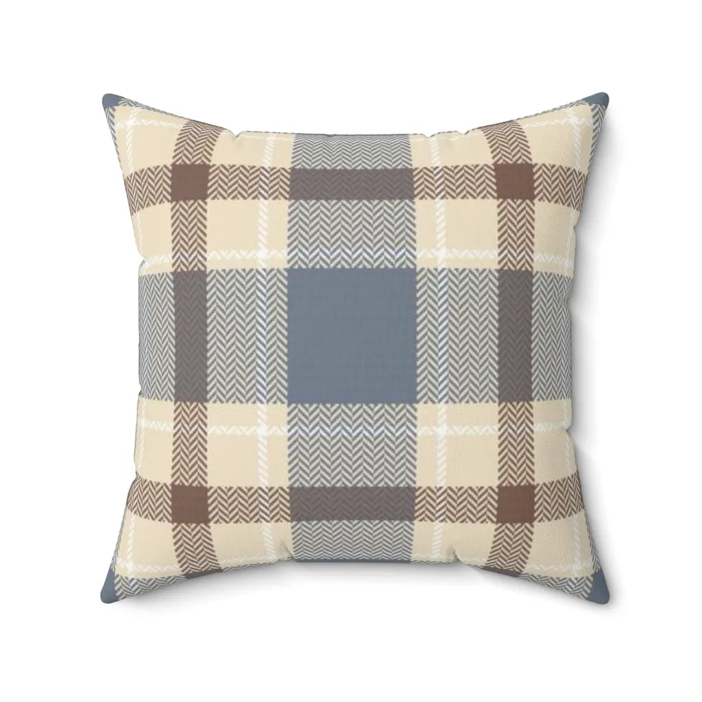 Square Tan and Blue Plaid Throw Pillow Cover | Living Room Decor