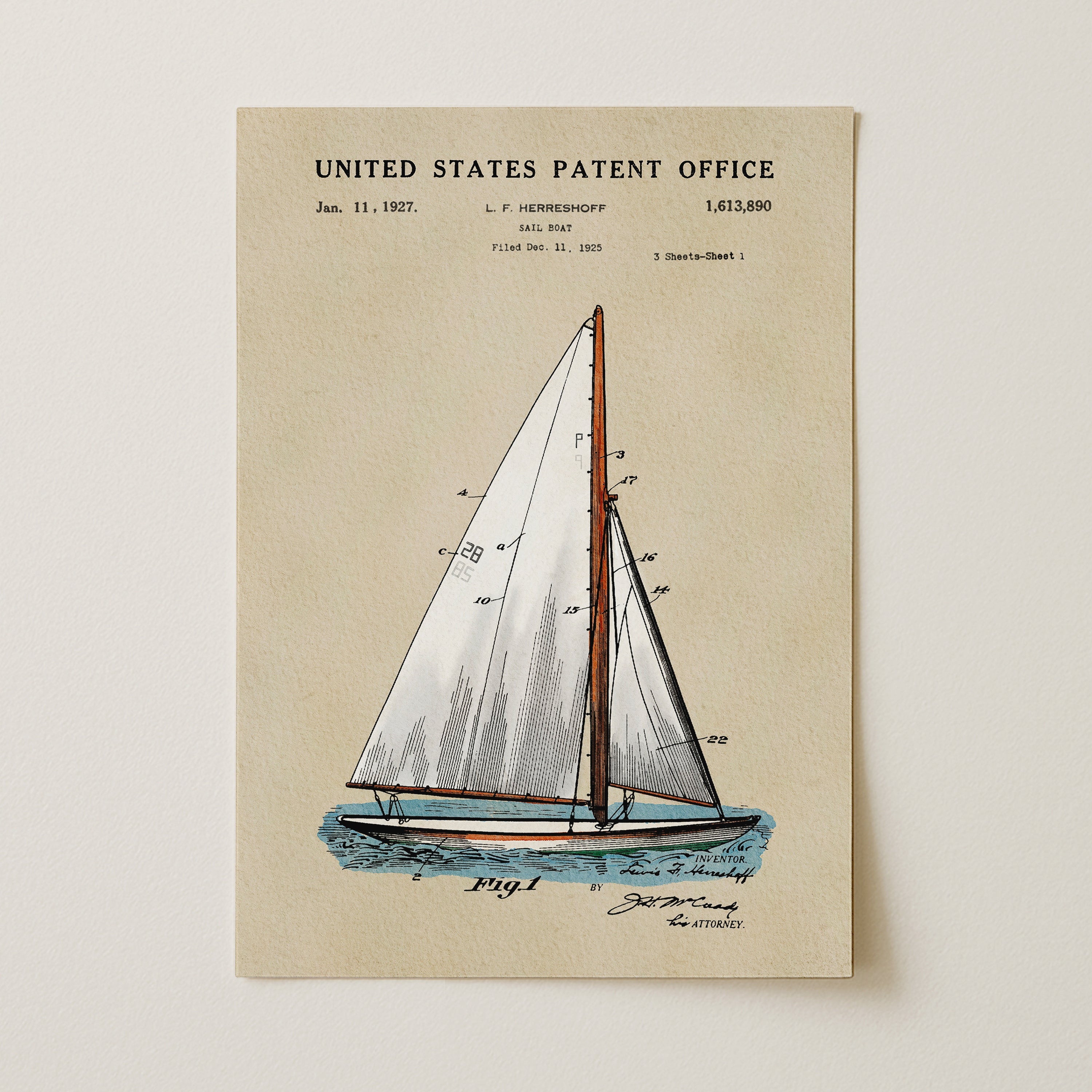 Herreshoff Sailboat US Patent Art Print | Nautical Coastal Dorm Decor
