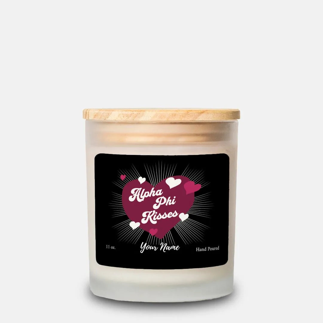 Personalized Alpha Phi Kisses Frosted Glass Candle (Hand Poured 11 oz) Vanilla Berry Bliss Candles