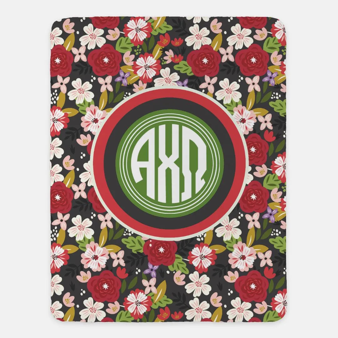 Alpha Chi Omega XL 60x80 Blanket Black Modern Floral Monogram | AXO Gifts