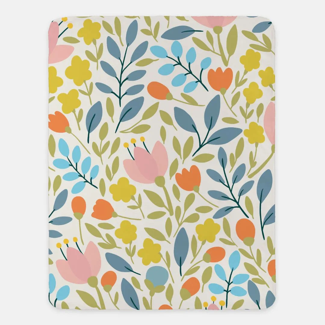 Flat Leaf Floral XL 60x80 Sherpa Blanket Blue Throw Blankets