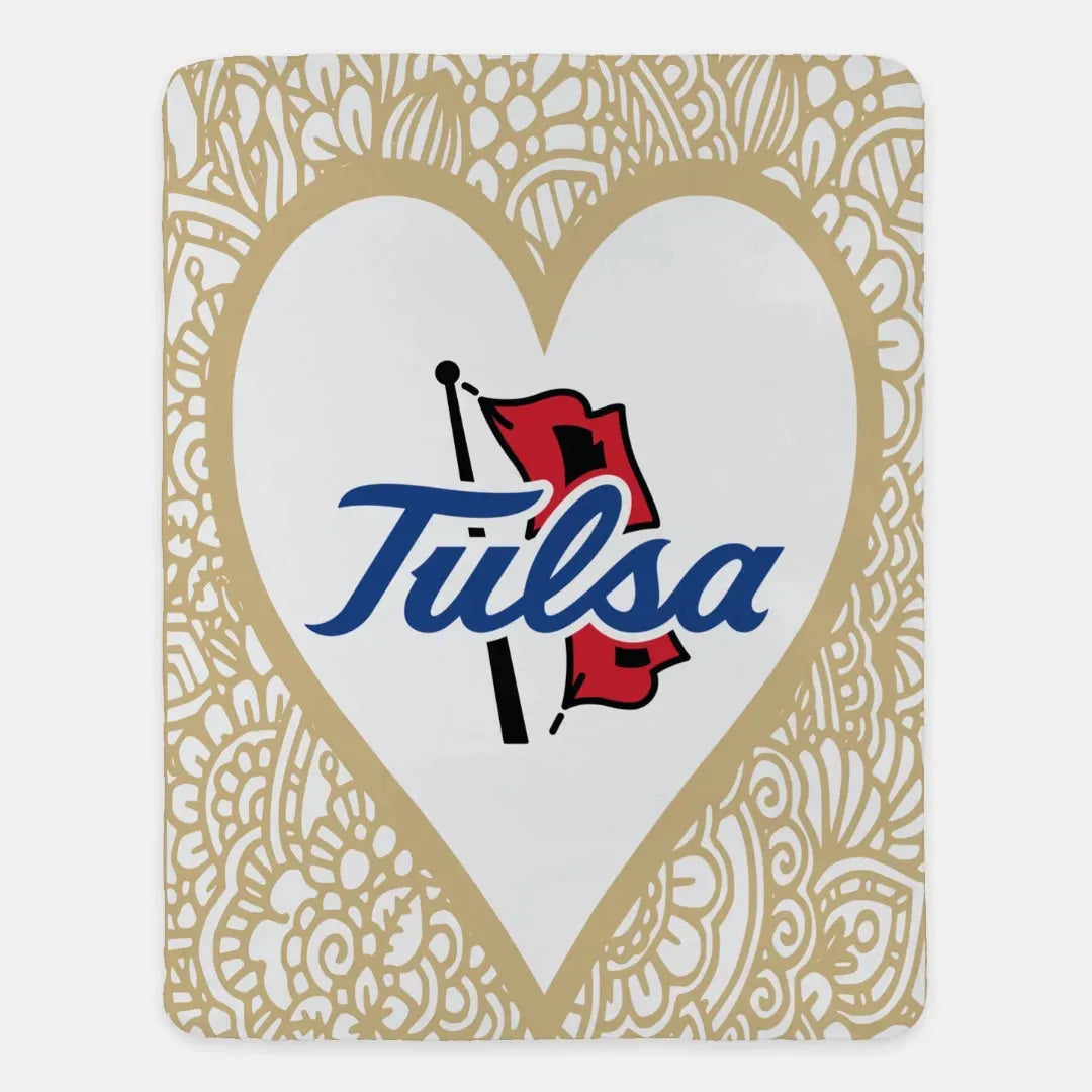 University of Tulsa XL 60x80 Sherpa Blanket - Mandala Heart Gold Throw Blankets